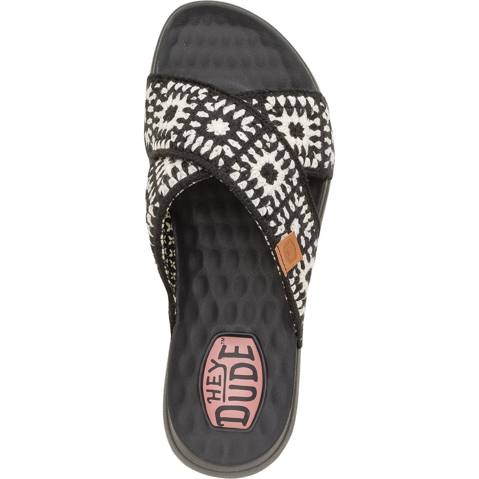HEYDUDE Christi Slide Cottage Crochet Sandales En Coton Pour Femmes Noires/Blanches