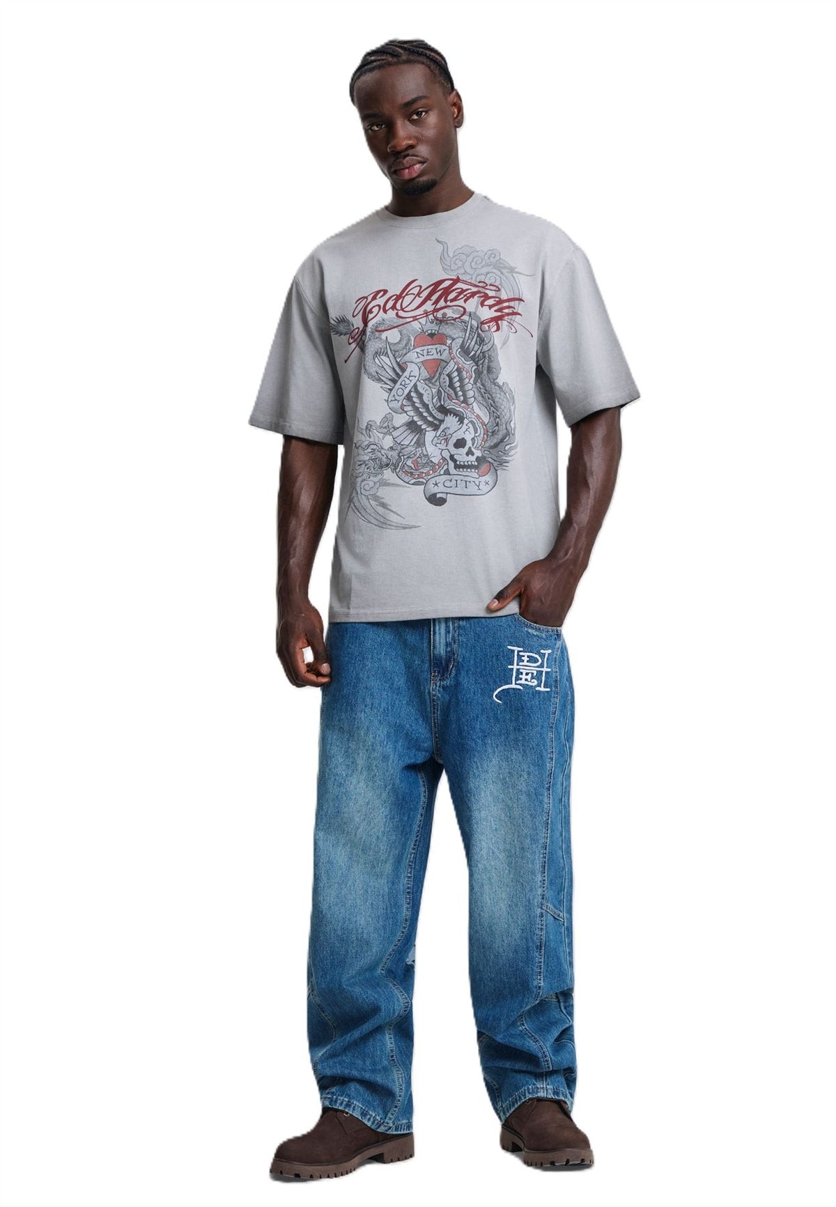 Ed Hardy Oil Wash New York Graphic Relaxed T-Shirts Gris Pour Hommes
