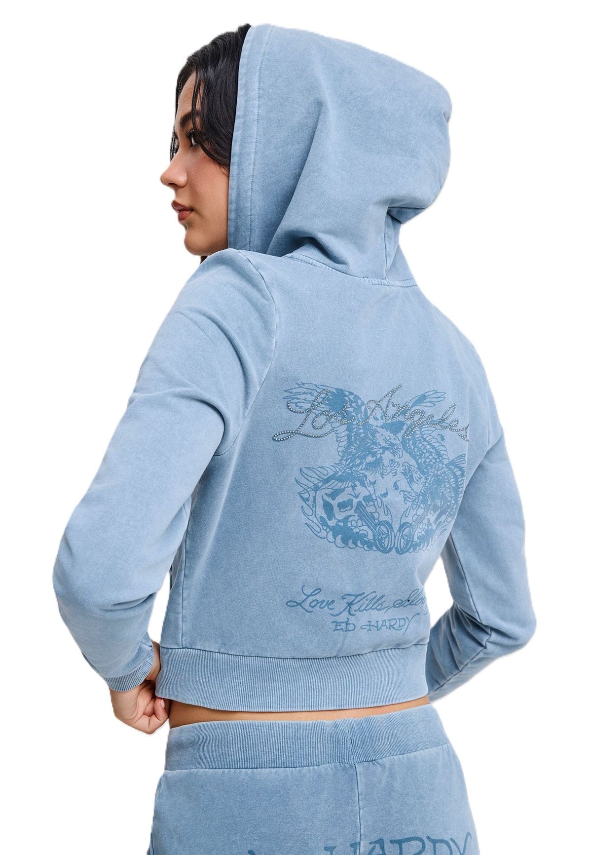 Ed Hardy Stay True Fitted Cropped Zip Sweats à Capuche Bleus Pour Femmes