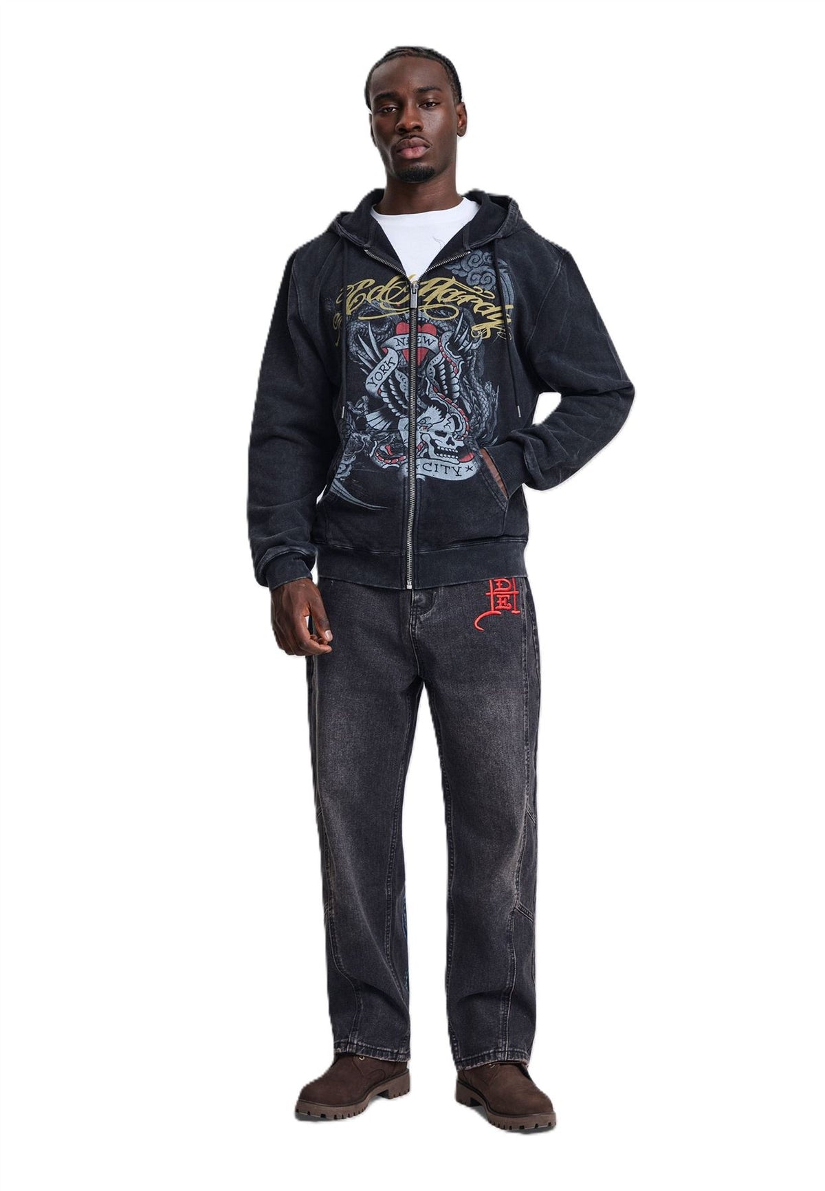 Ed Hardy New York Washed Relaxed Zip Thru Sweats à Capuche Noirs Pour Hommes