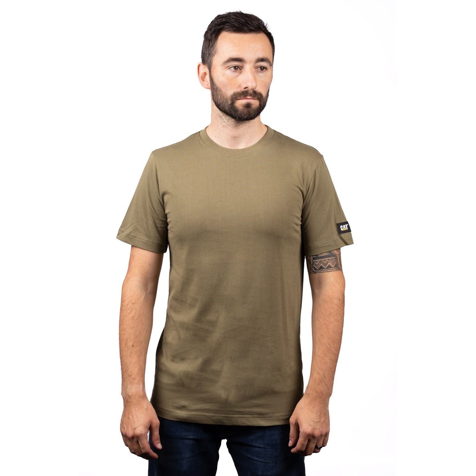 Caterpillar Essentials Short Sleeve T-Shirts En Coton Pour Hommes Verts À Manches Courtes