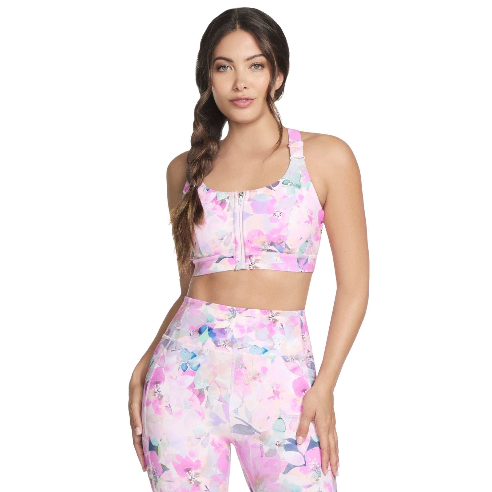Skechers Performance GoWalk Seascape Floral Zip Front Bra Soutien Gorge De Sport En Nylon Pour Femmes Rose
