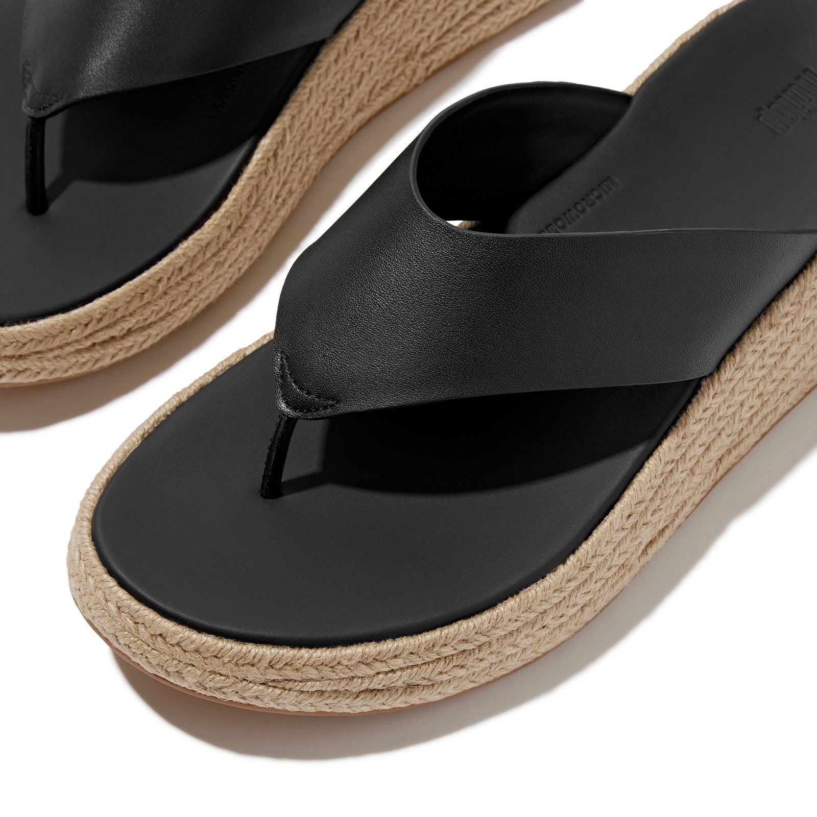 Fitflop F-Mode Toe Post Espadrille Sandales Noires En Cuir Pour Femmes