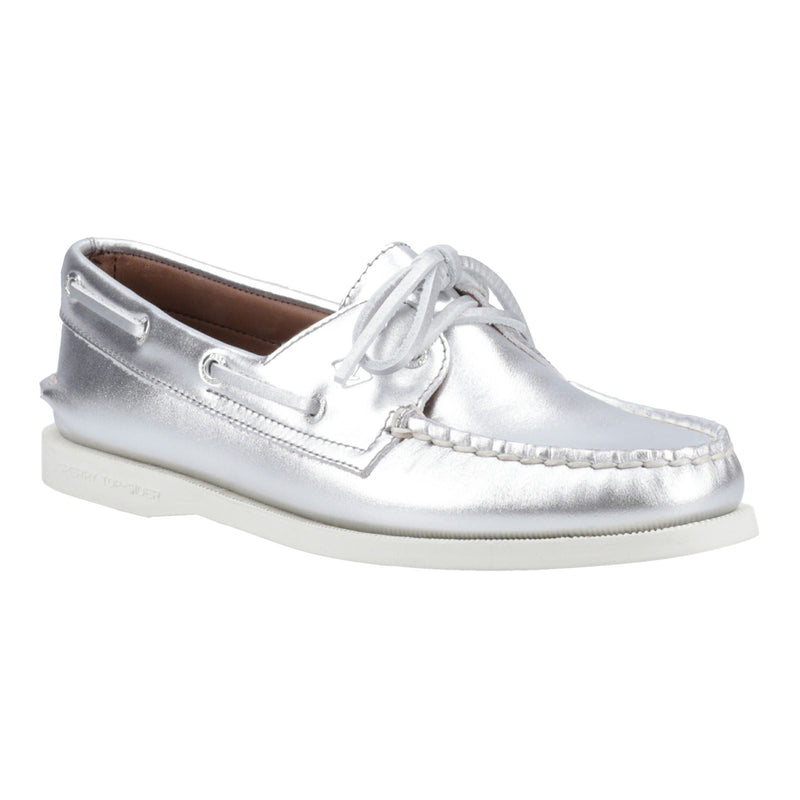 Sperry Authentic 2 Eye Chaussures Bateau En Cuir Argent Pour Femmes