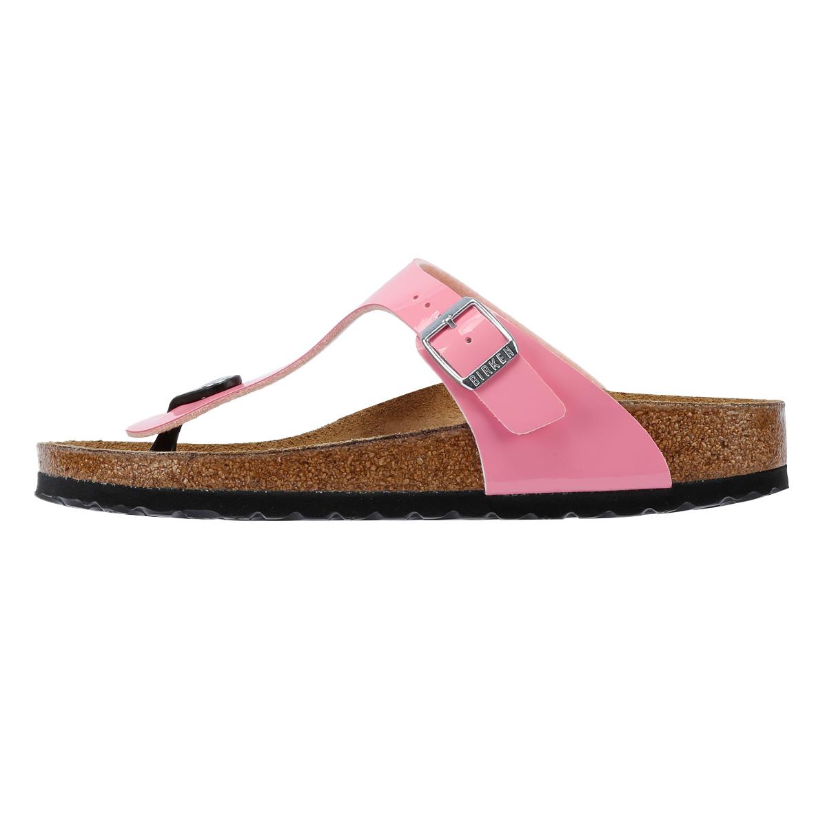 Birkenstock Gizeh Sandales Roses Bonbon/Noires En Cuir Verni Pour Femmes