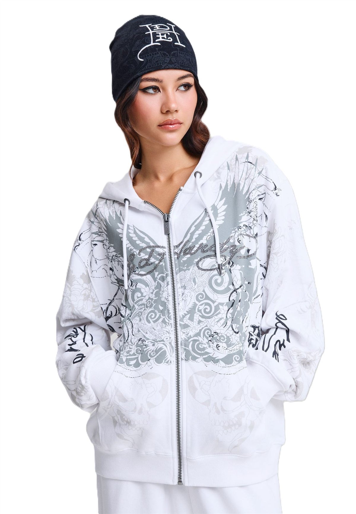 Ed Hardy Diamante Venom Enzyme Wash Relaxed Zip Thru Sweat-Shirts Et Sweat À Capuche Blancs Pour Femmes