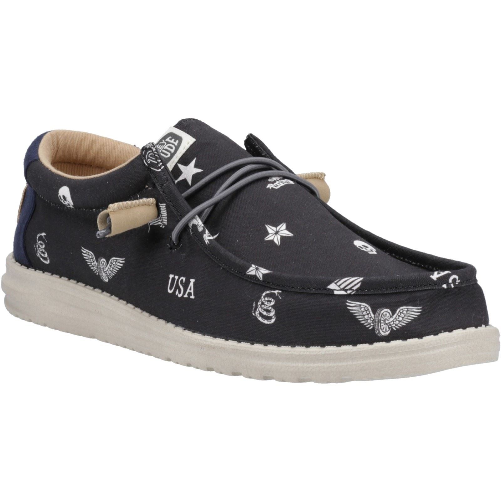 HEYDUDE Wally Stars n Skulls Chaussures Bateau Noires Pour Hommes En 100% Coton