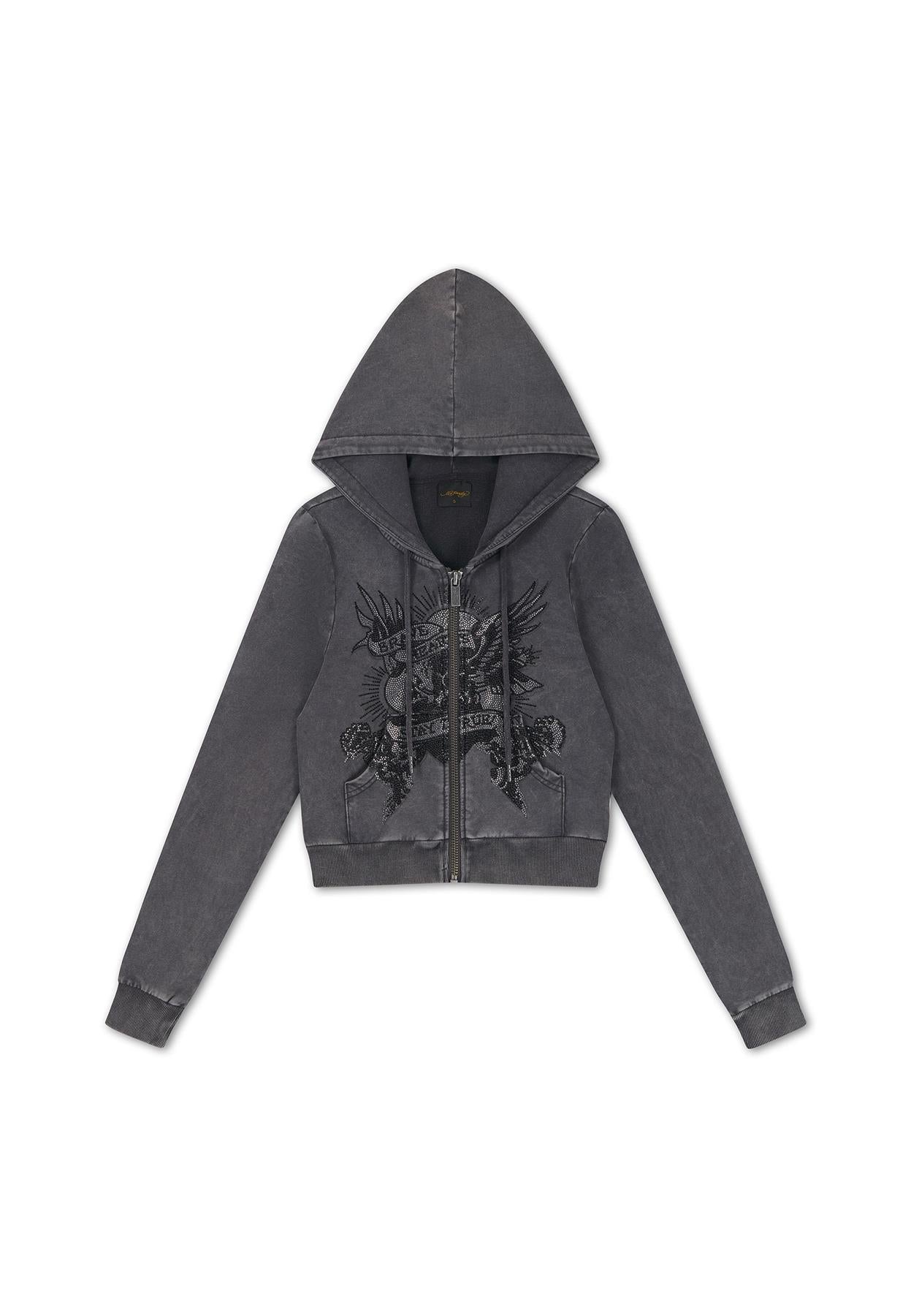 Ed Hardy Stay True Fitted Cropped Zip Sweats À Capuche Noirs Pour Femmes