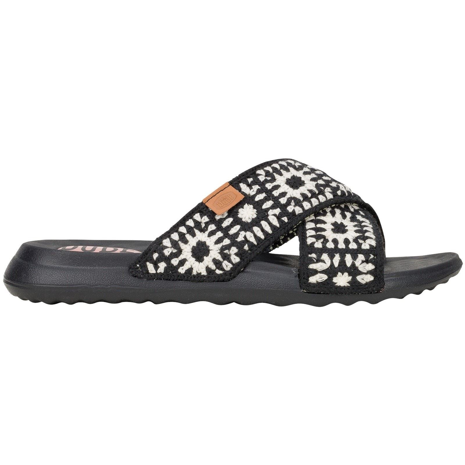 HEYDUDE Christi Slide Cottage Crochet Sandales En Coton Pour Femmes Noires/Blanches