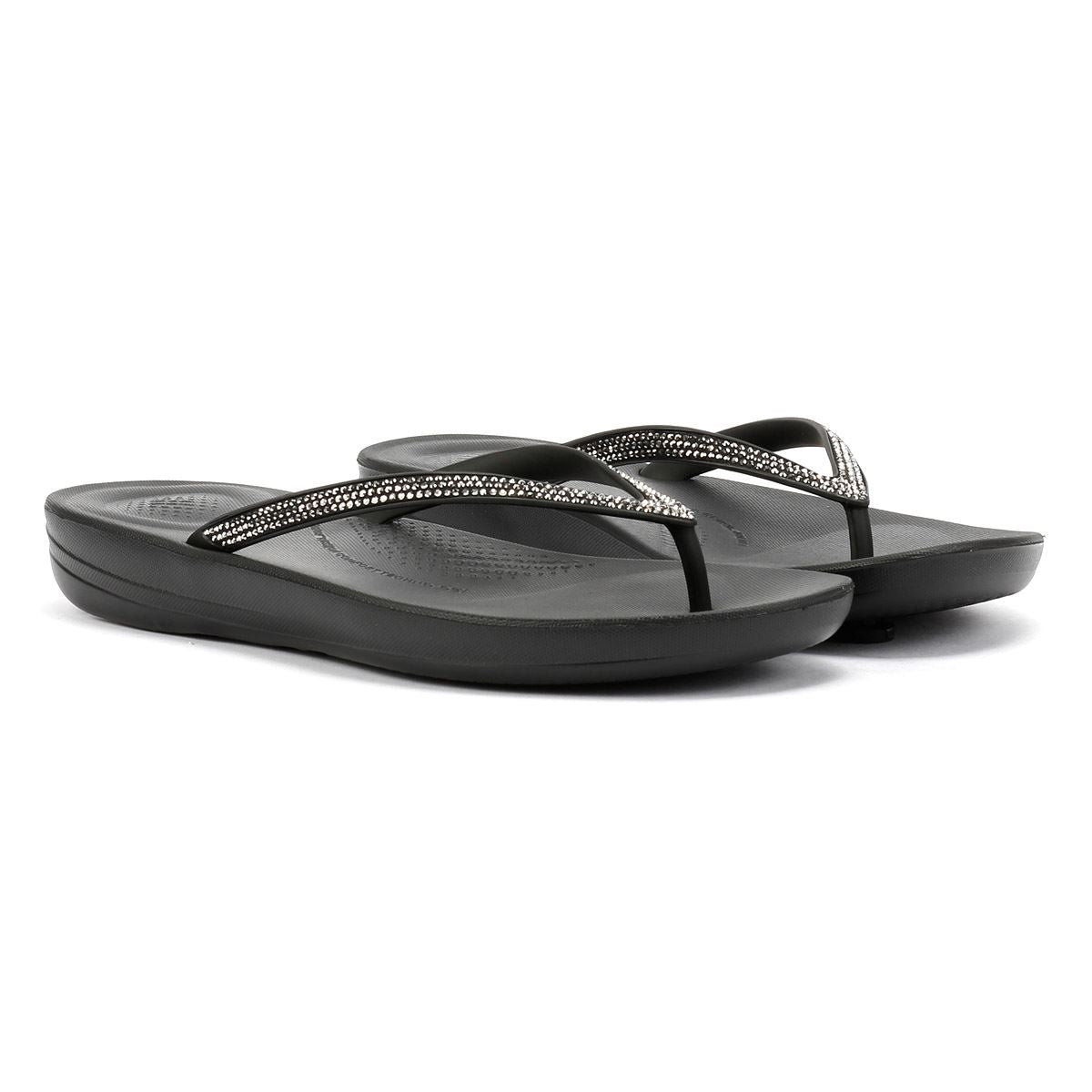 FitFlop Iqushion Sparkle Tongs Noires Pour Femmes En Caoutchouc