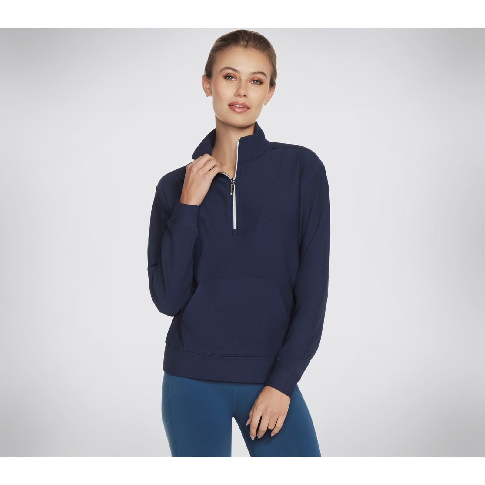 Skechers Performance GoLuxe Rib 1/4 Zip Pull-Over Bleu En Polyester Pour Femmes