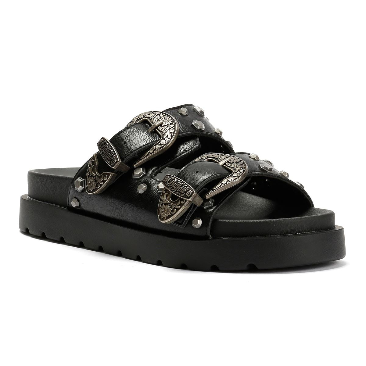 Buffalo Raya Ari West Sandales Noires En Cuir Pour Femmes