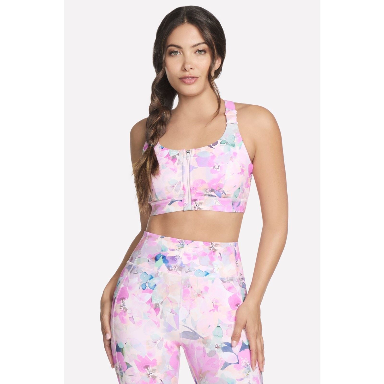 Skechers Performance GoWalk Seascape Floral Zip Front Bra Soutien Gorge De Sport En Nylon Pour Femmes Rose