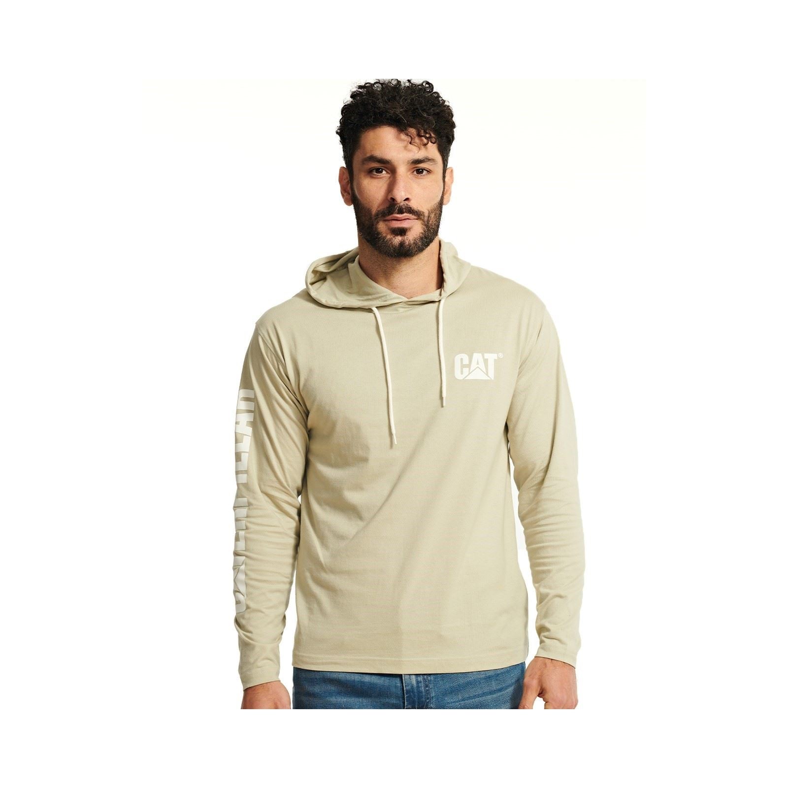 Caterpillar Hooded Long Sleeve T-Shirt En Coton Beige Pour Hommes