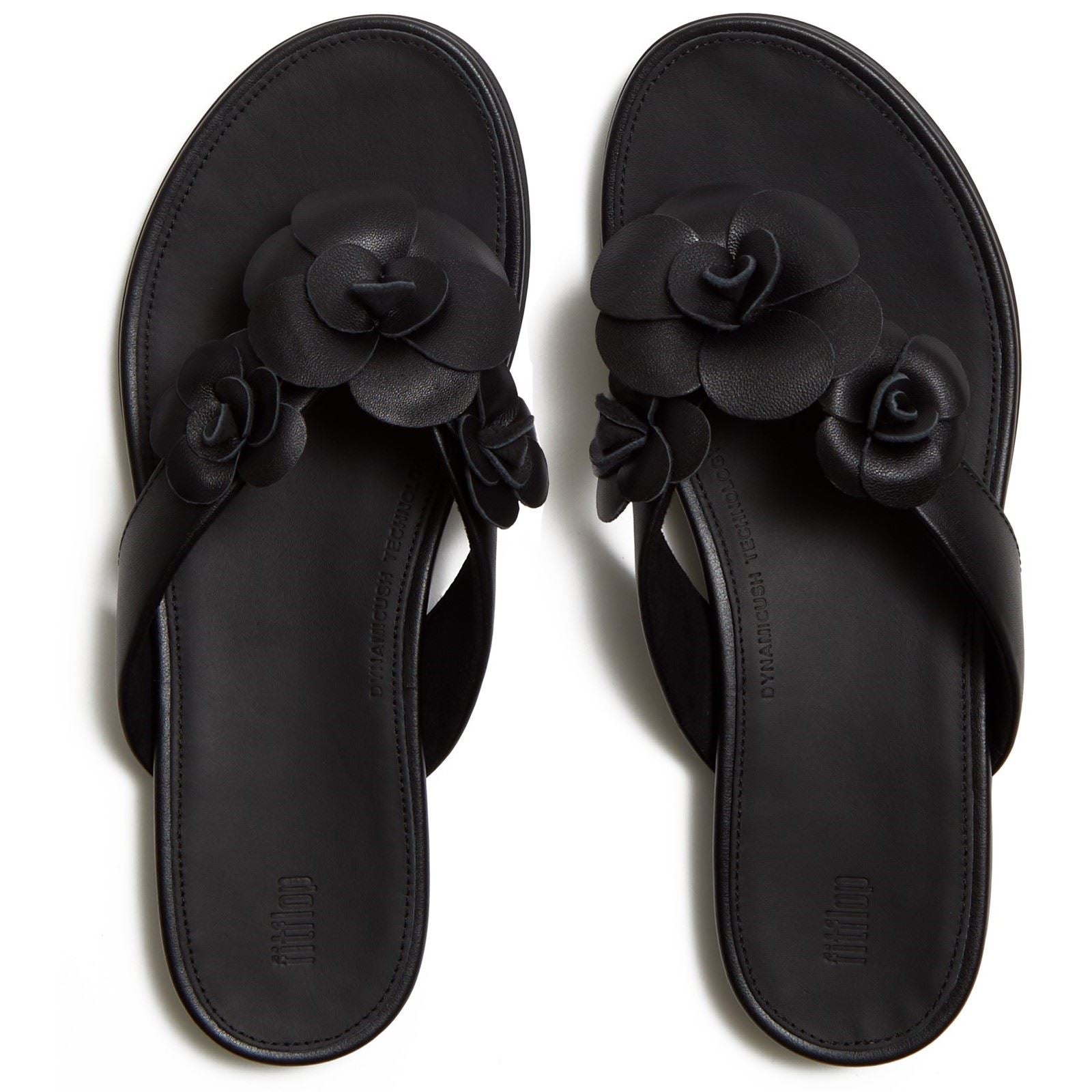 Fitflop Gracie Flower Tongs Noires En Cuir Pour Femmes