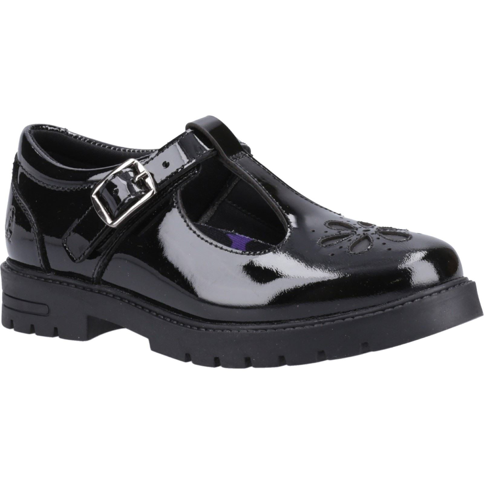 Hush Puppies Fiona Patent Senior Chaussures Noires Pour Filles En Cuir