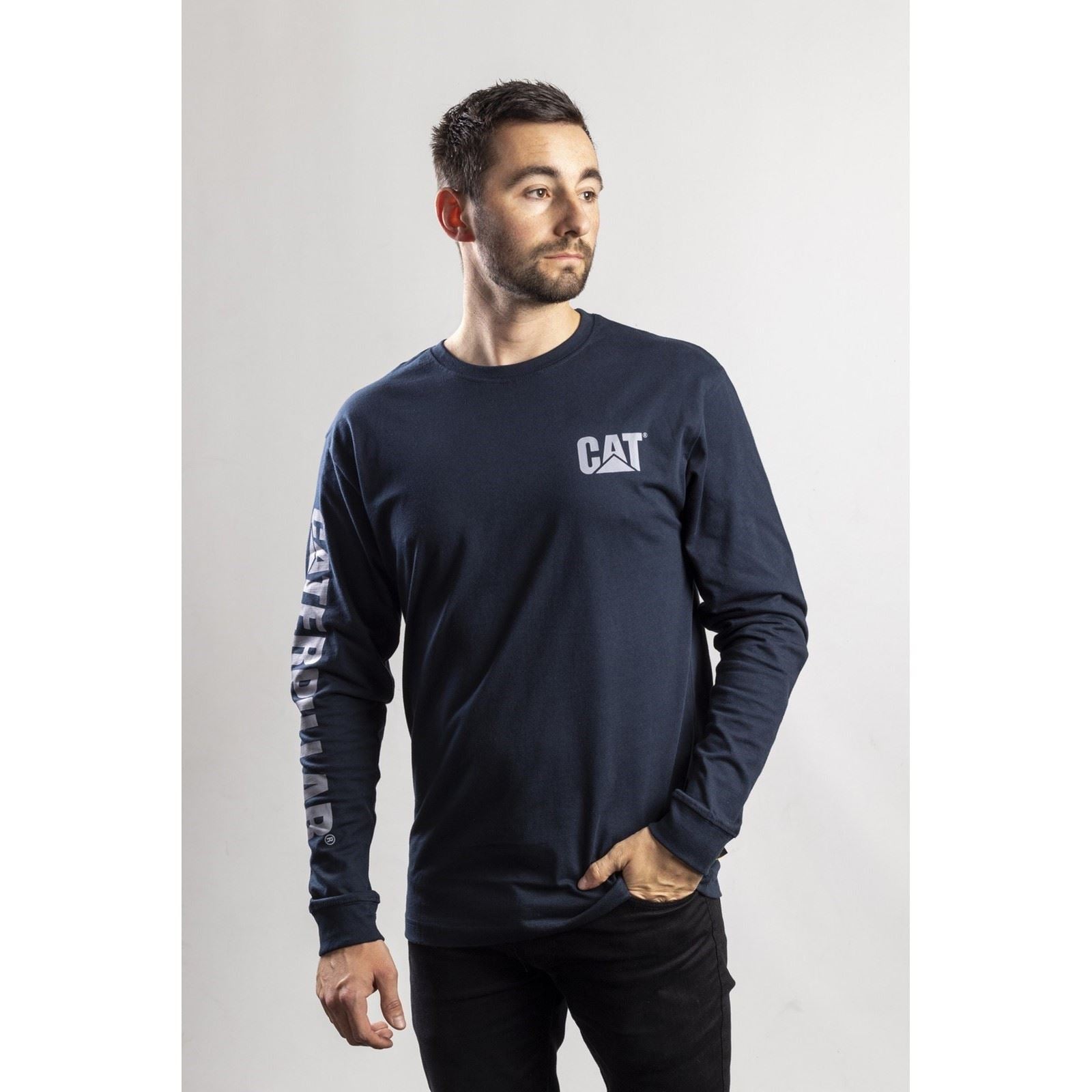 Caterpillar Trademark Banner Long Sleeve T-Shirt Pour Hommes En Coton Bleu