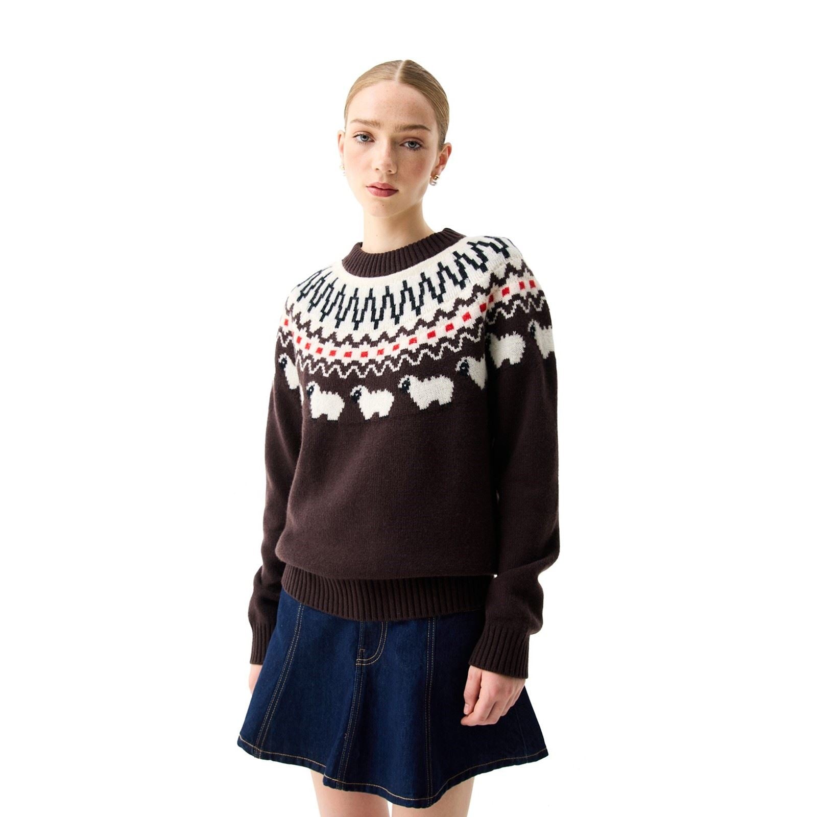 Hunter Ashie Crew Fair Isle Knit Pulls En Polyester Pour Femmes Couleur Chocolat À Col Rond