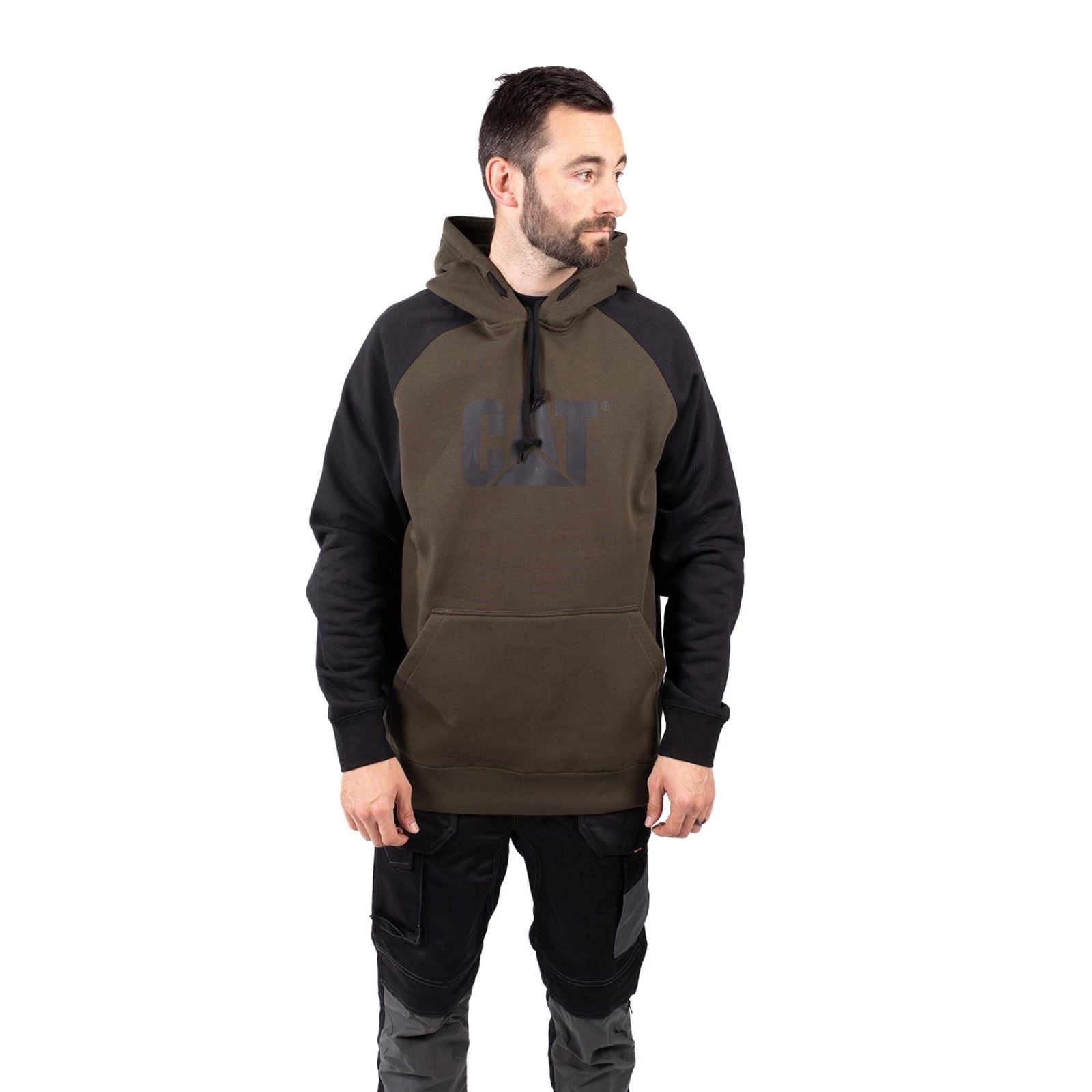 Caterpillar Raglan Sweat À Capuche Vert En Coton Pour Homme