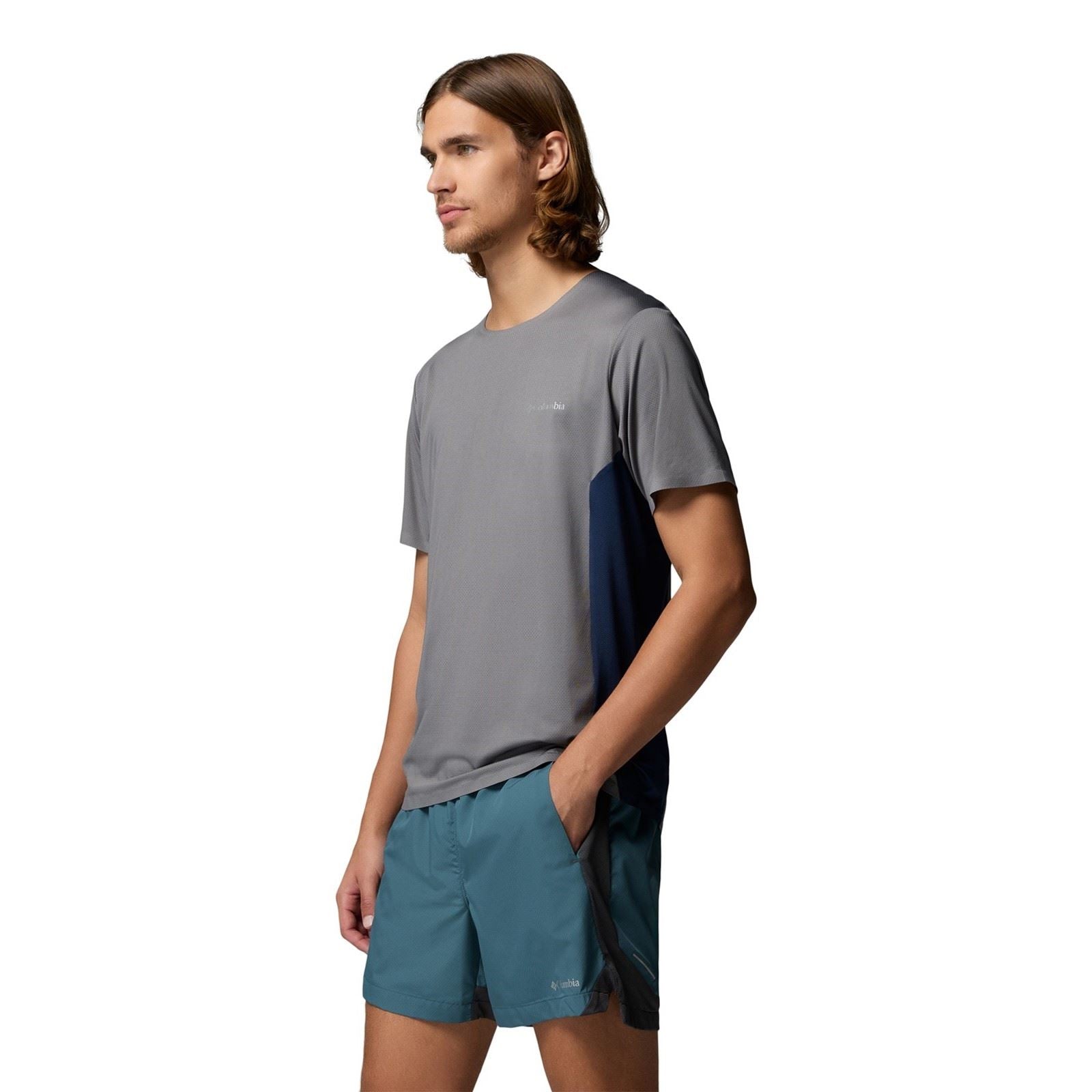 Columbia Three Pitch SS Crew T-Shirts De Sport Gris En Polyester Pour Hommes