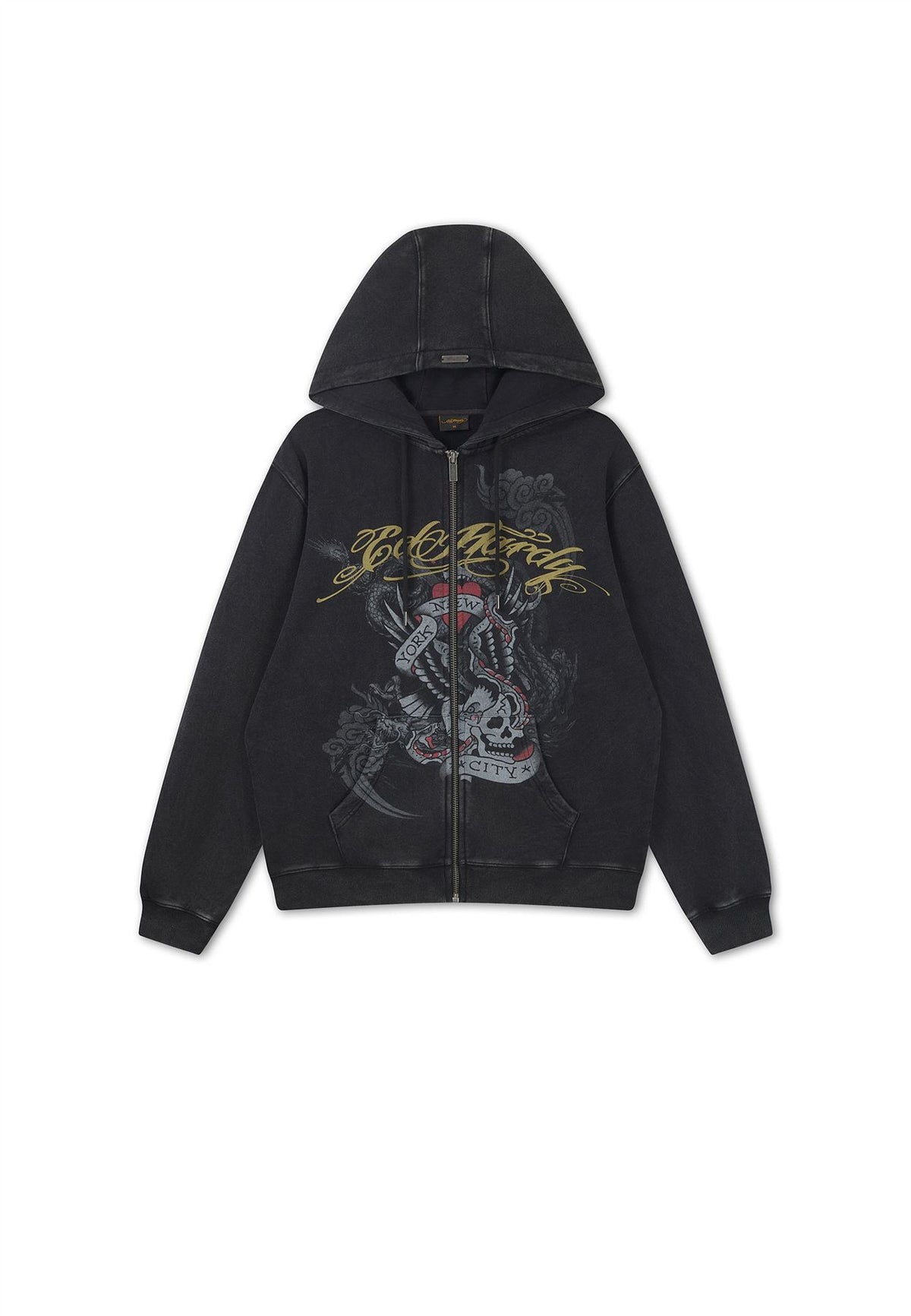 Ed Hardy New York Washed Relaxed Zip Thru Sweats à Capuche Noirs Pour Hommes