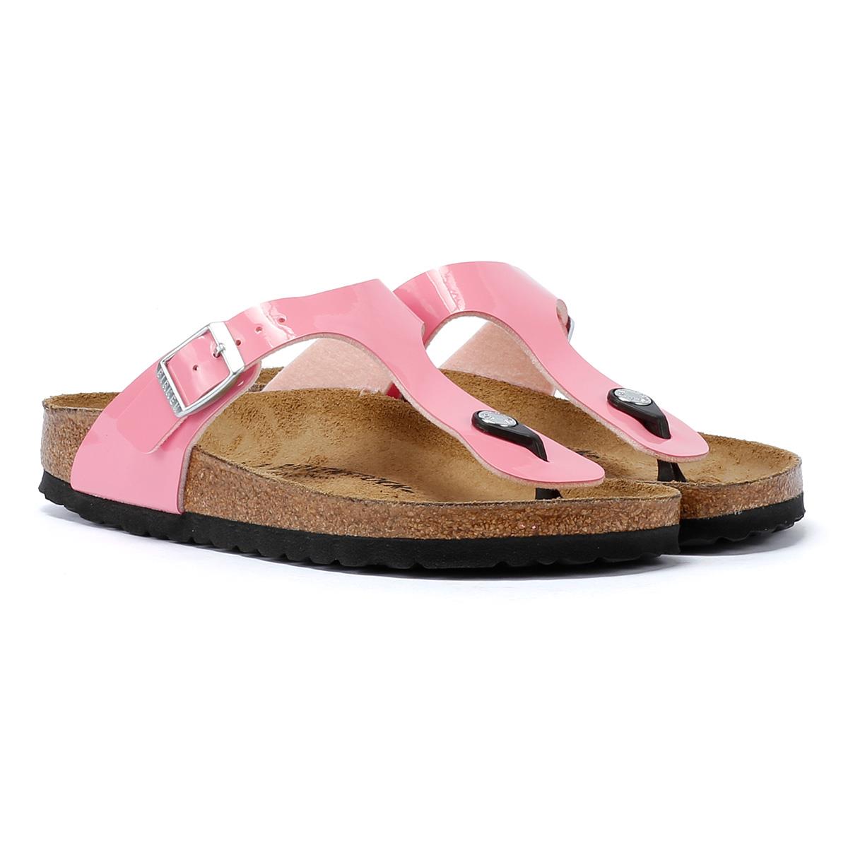 Birkenstock Gizeh Sandales Roses Bonbon/Noires En Cuir Verni Pour Femmes