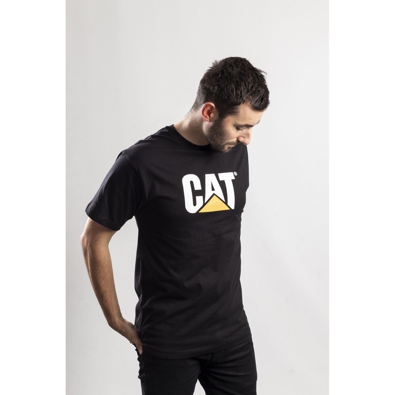 Caterpillar Trademark Logo T-Shirts À Manches Courtes Noirs En Coton Pour Hommes