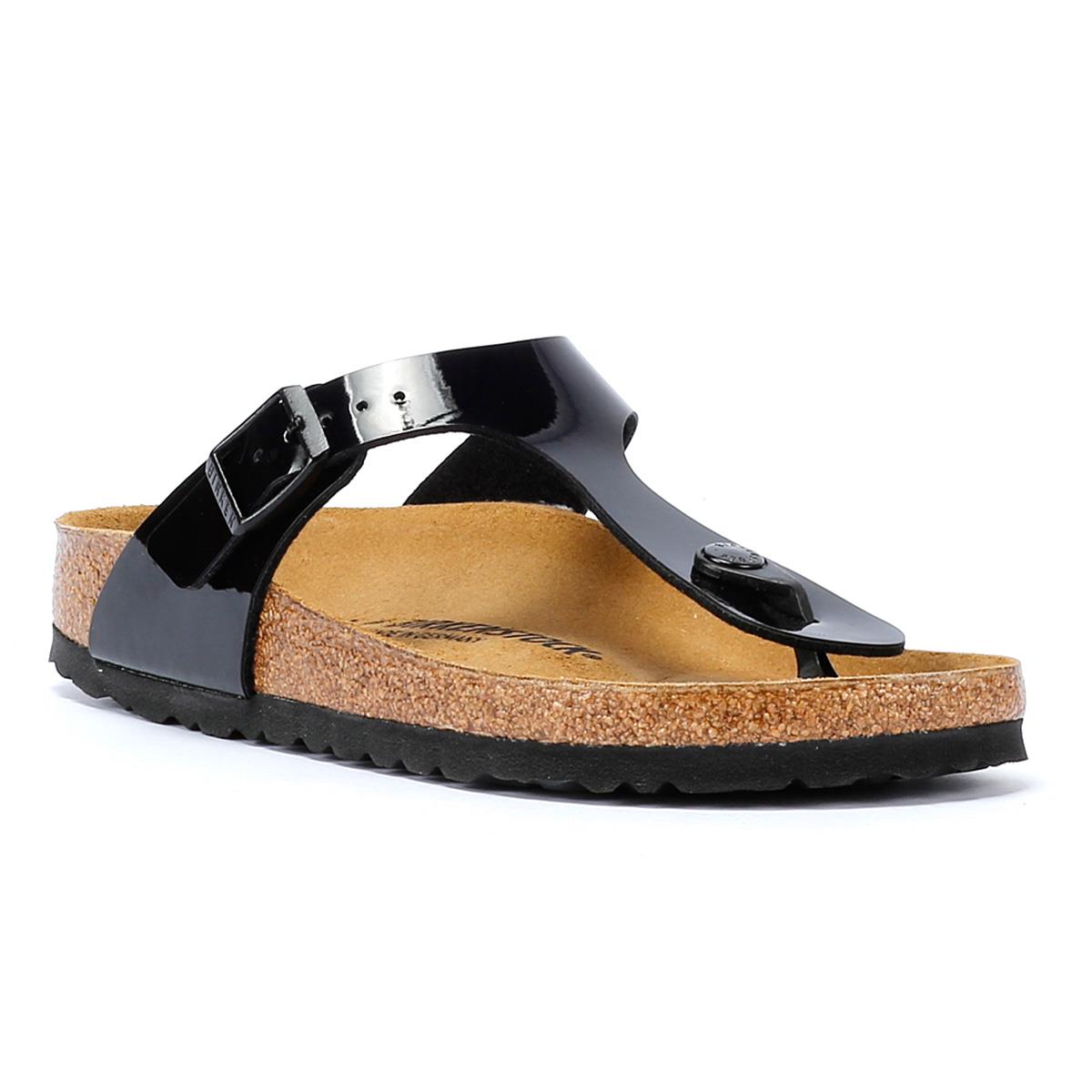 Birkenstock Gizeh Sandales Noires En Cuir Verni Pour Femmes