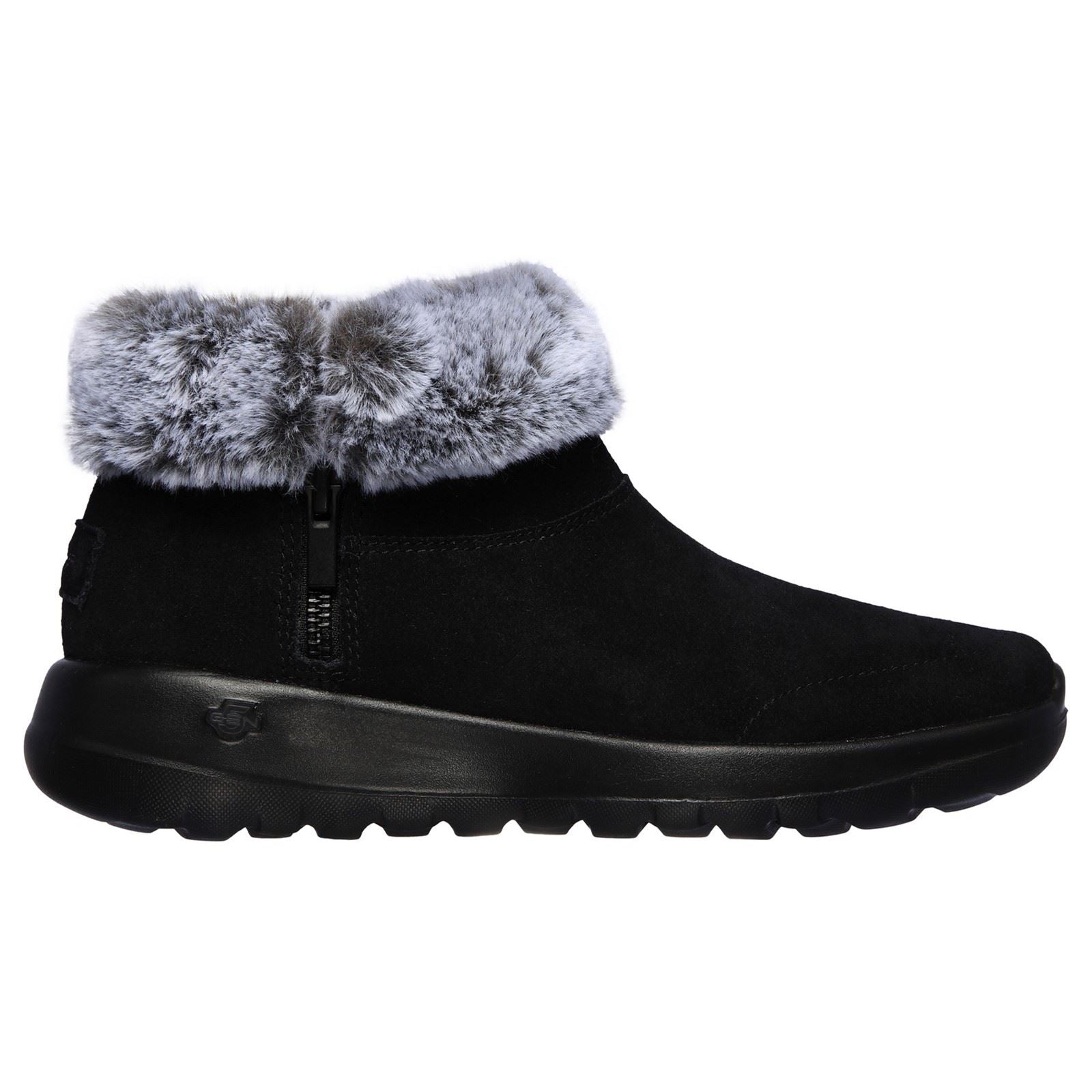 Skechers On The Go Joy Savvy Wide Bottes Noires/Grises Pour Femmes En Daim/Fausse Fourrure