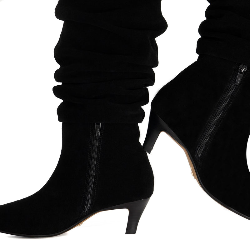 Dune Saunders Bottes Noires À Talons En Cuir Pour Femmes Haute Jusqu'Au Genou