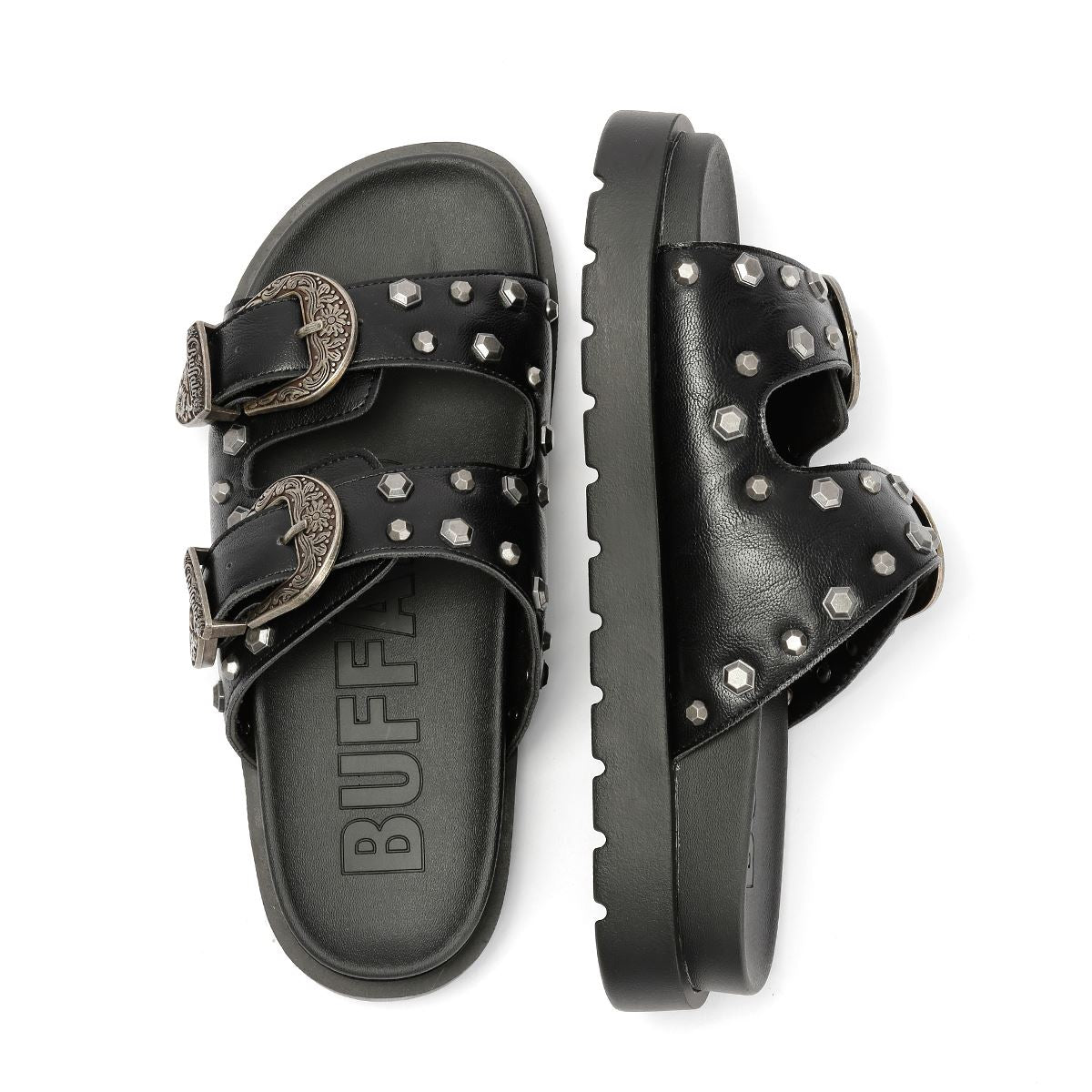 Buffalo Raya Ari West Sandales Noires En Cuir Pour Femmes