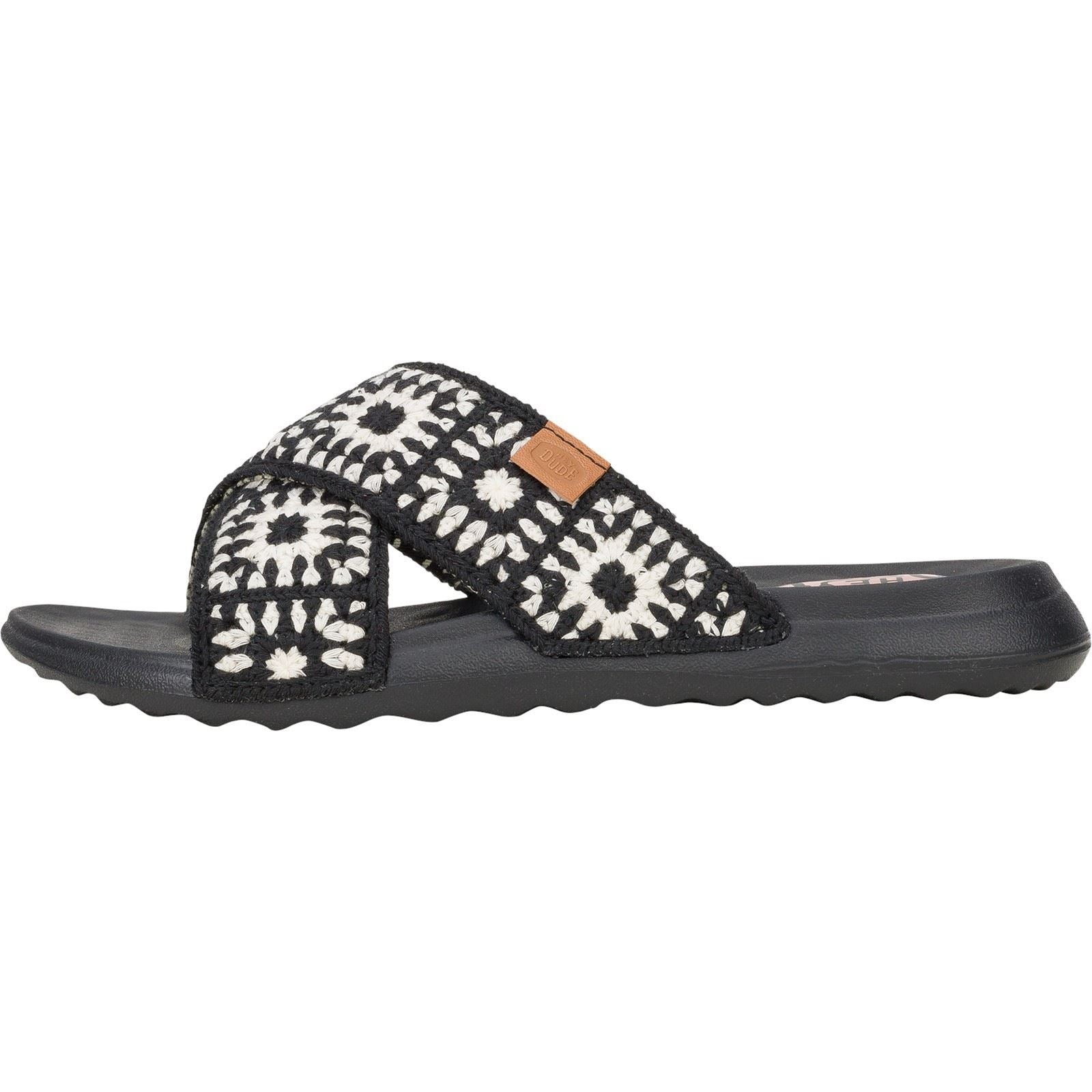 HEYDUDE Christi Slide Cottage Crochet Sandales En Coton Pour Femmes Noires/Blanches