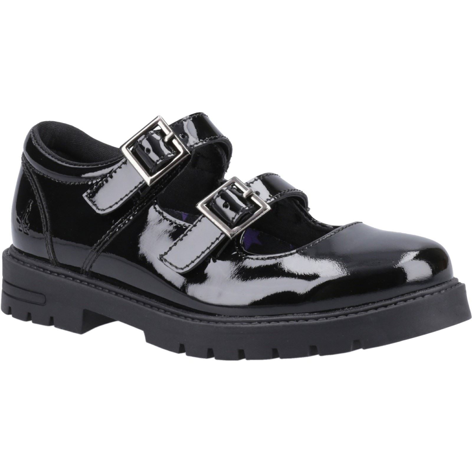 Hush Puppies Ella Patent Senior Chaussures Noires Pour Filles En Cuir