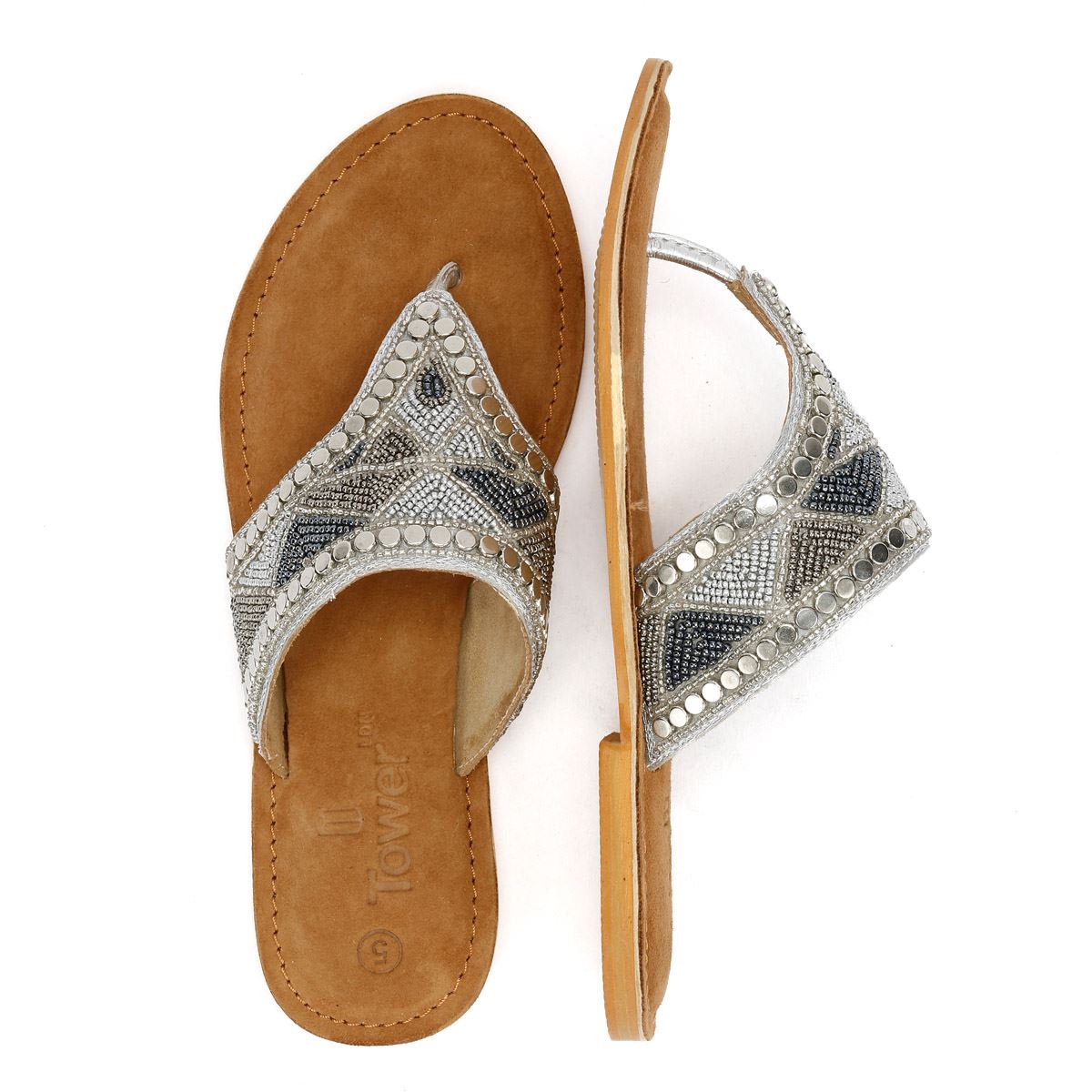 Tower London Wide Vamp Toepost Sandales Argentées Pour Femmes