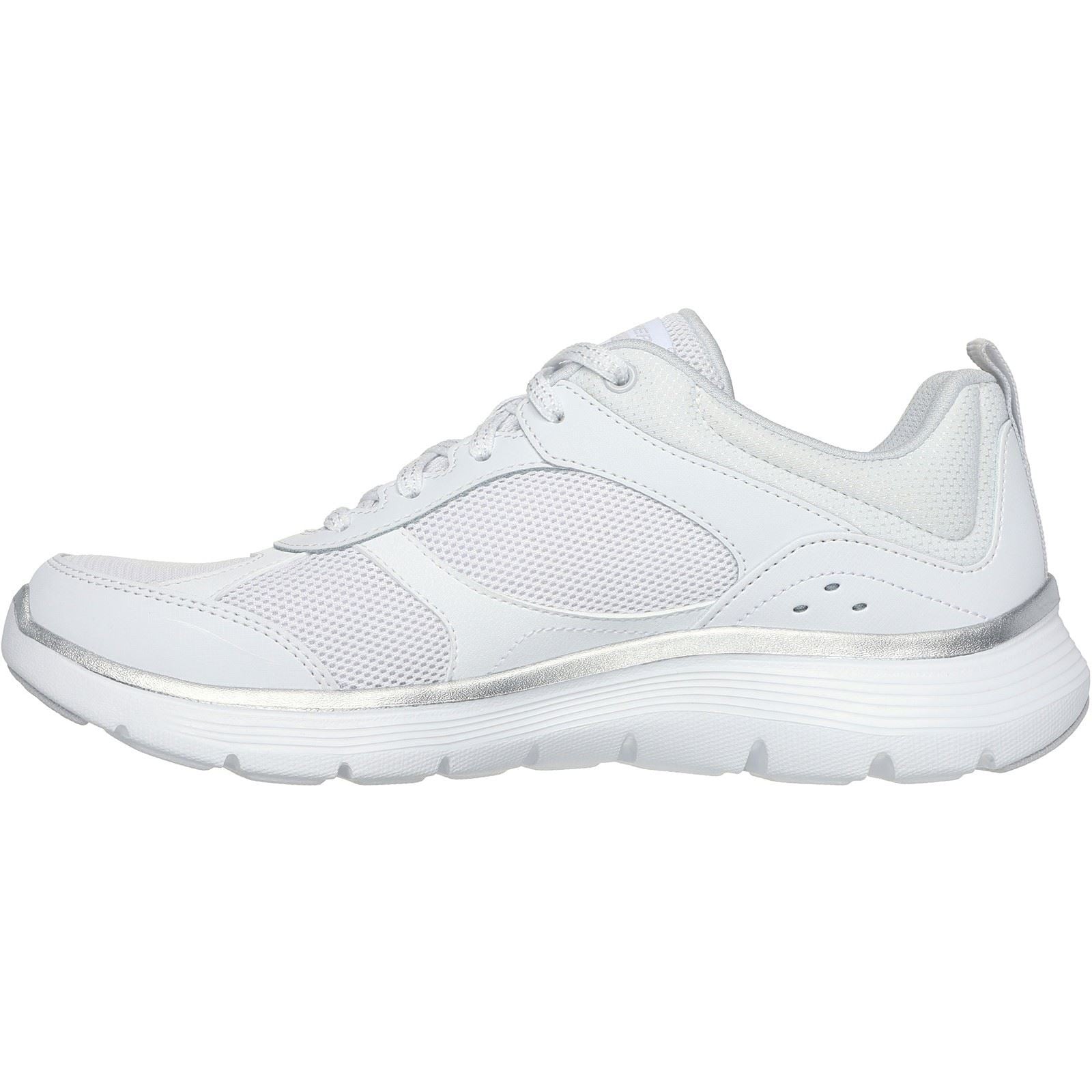 Skechers Flex Appeal 5.0 Fresh Touch Baskets En Cuir Blanc/Argent Pour Femmes
