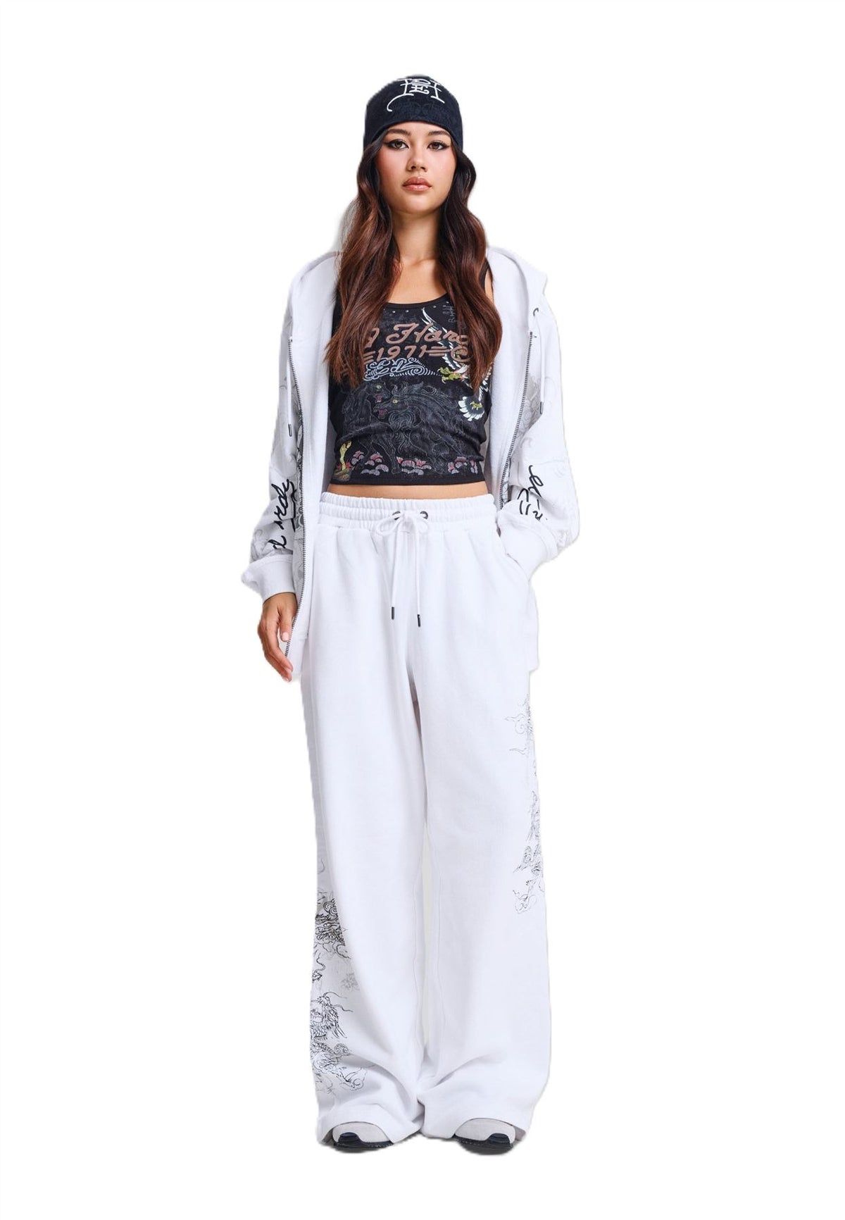 Ed Hardy Gothic Dragon Stone Wash Pantalons De Jogging Blancs Pour Femmes