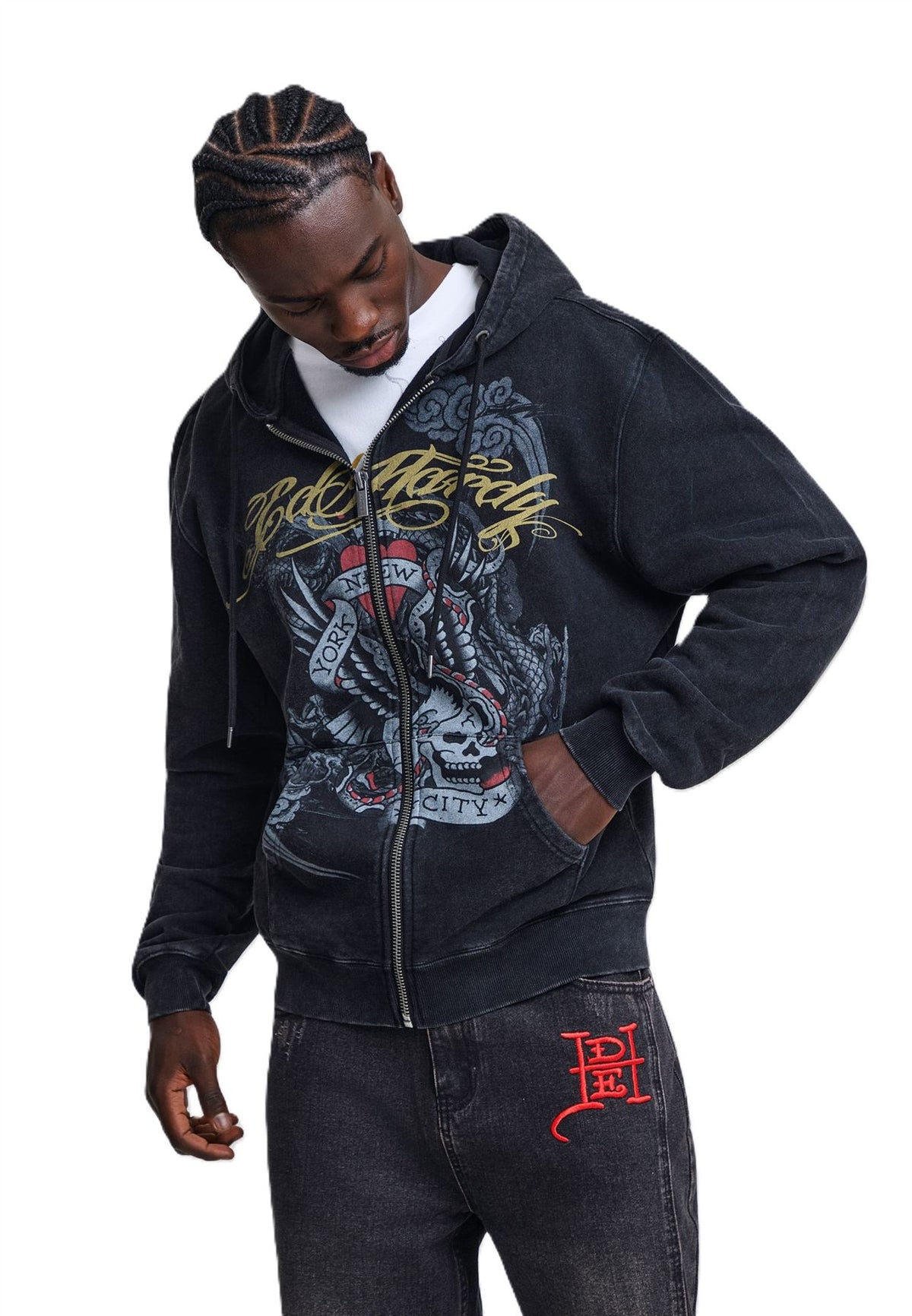 Ed Hardy New York Washed Relaxed Zip Thru Sweats à Capuche Noirs Pour Hommes