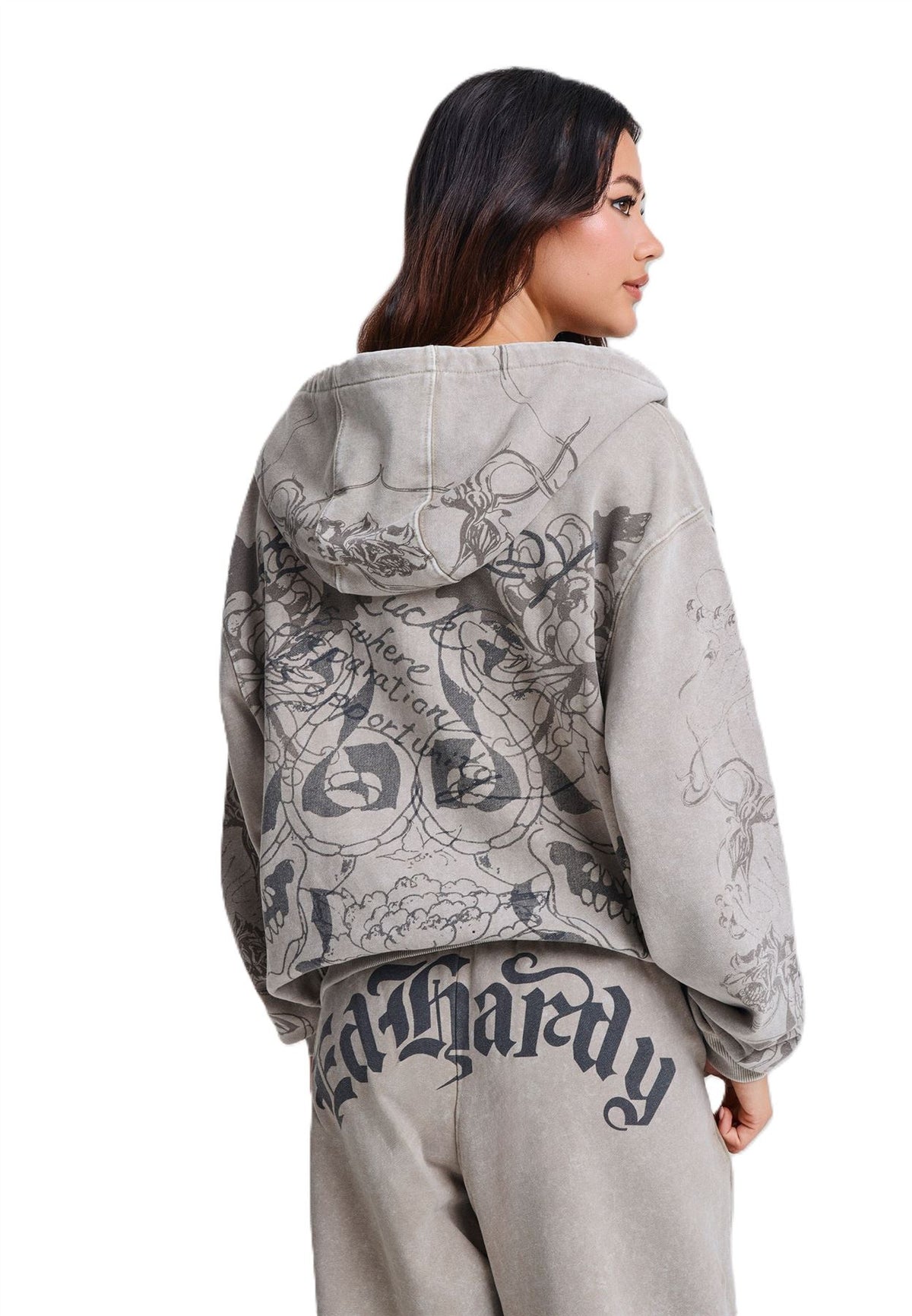 Ed Hardy Diamante Venom Stone Wash Relaxed Zip Thru Sweats à Capuche Gris Pour Femmes