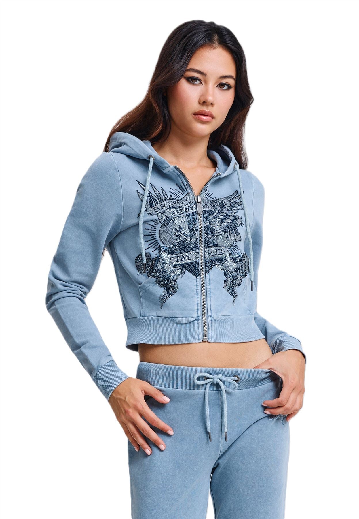 Ed Hardy Stay True Fitted Cropped Zip Sweats à Capuche Bleus Pour Femmes