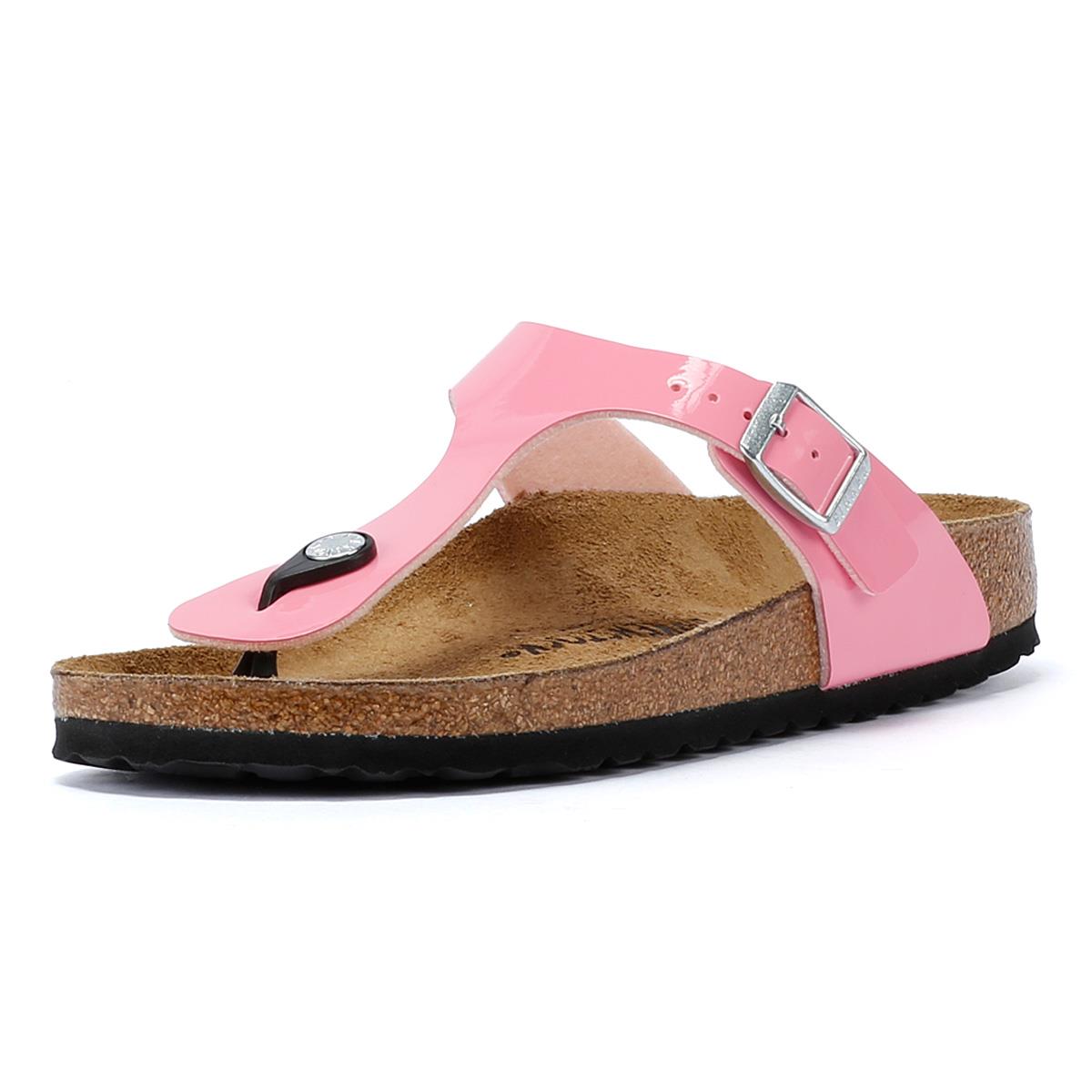Birkenstock Gizeh Sandales Roses Bonbon/Noires En Cuir Verni Pour Femmes