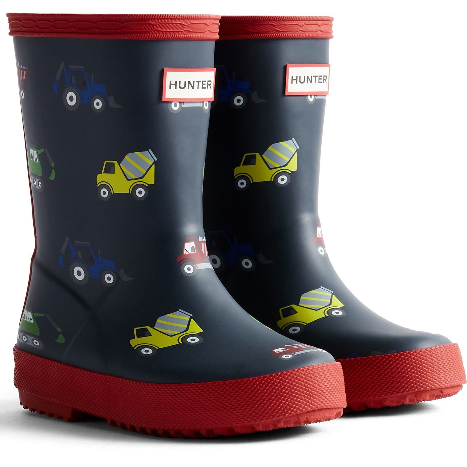 Hunter Kids First Construction Print Boot Bottes De Bienington En Caoutchouc Navy/Militaire Rouge Pour Garçons