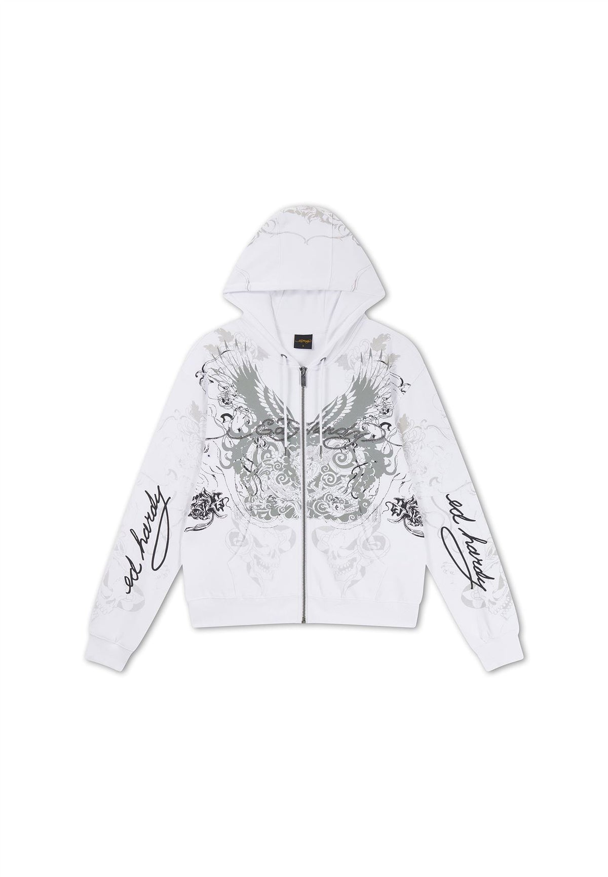 Ed Hardy Diamante Venom Enzyme Wash Relaxed Zip Thru Sweat-Shirts Et Sweat À Capuche Blancs Pour Femmes
