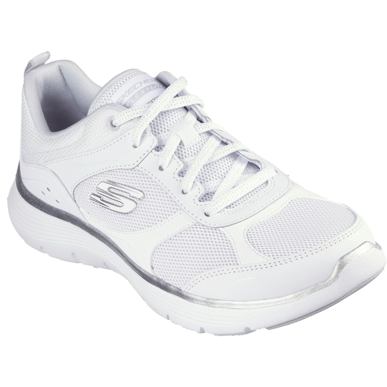 Skechers Flex Appeal 5.0 Fresh Touch Baskets En Cuir Blanc/Argent Pour Femmes