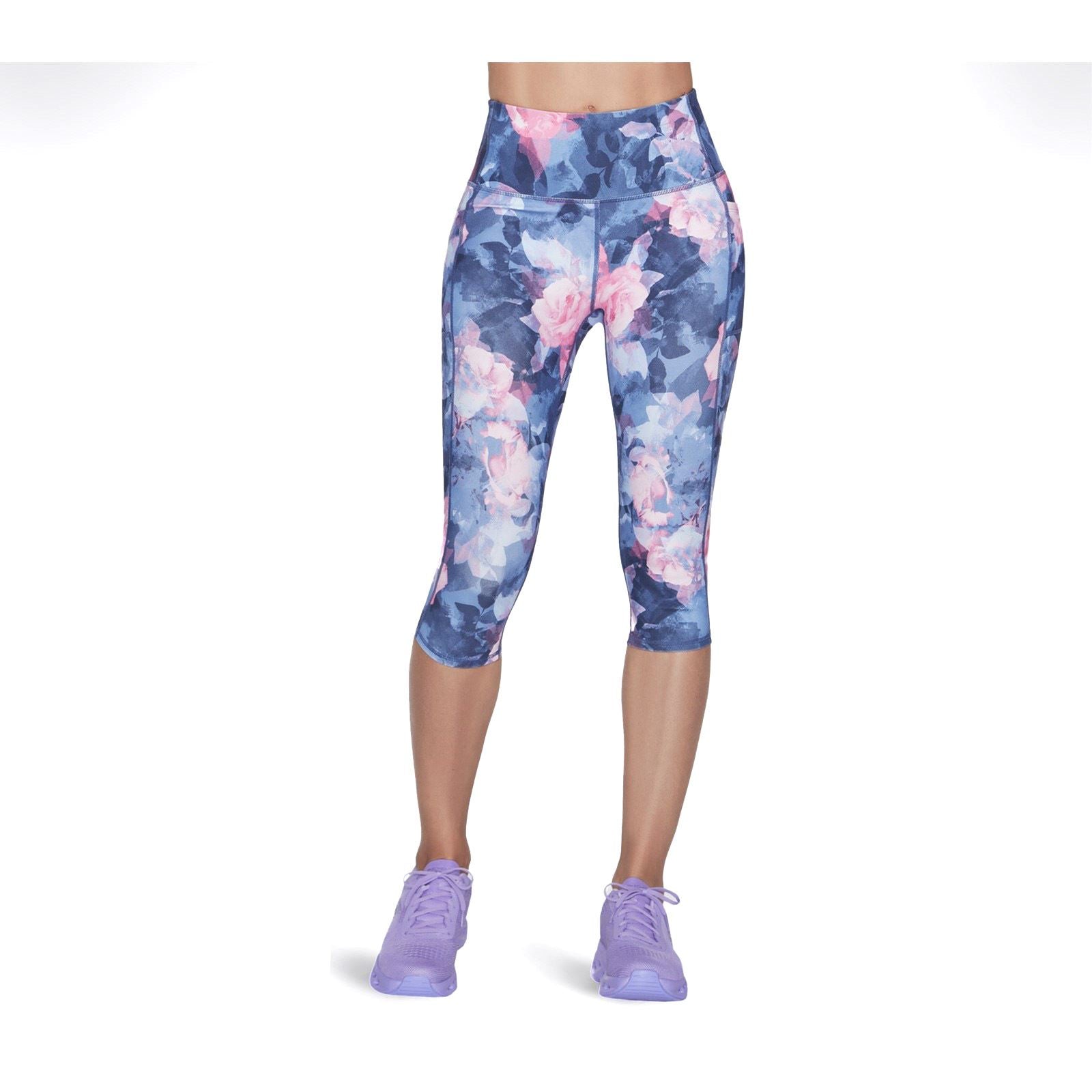 Skechers Performance GO WALK HW Summer Rose Capri Leggings De Sport Bleus En Nylon Pour Femmes
