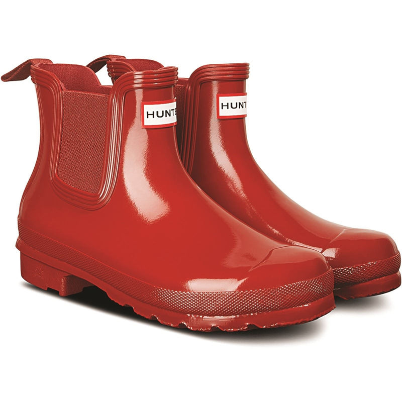 Hunter Original Chelsea Gloss Bottes En Caoutchouc Rouges Pour Femmes Style Militaire.