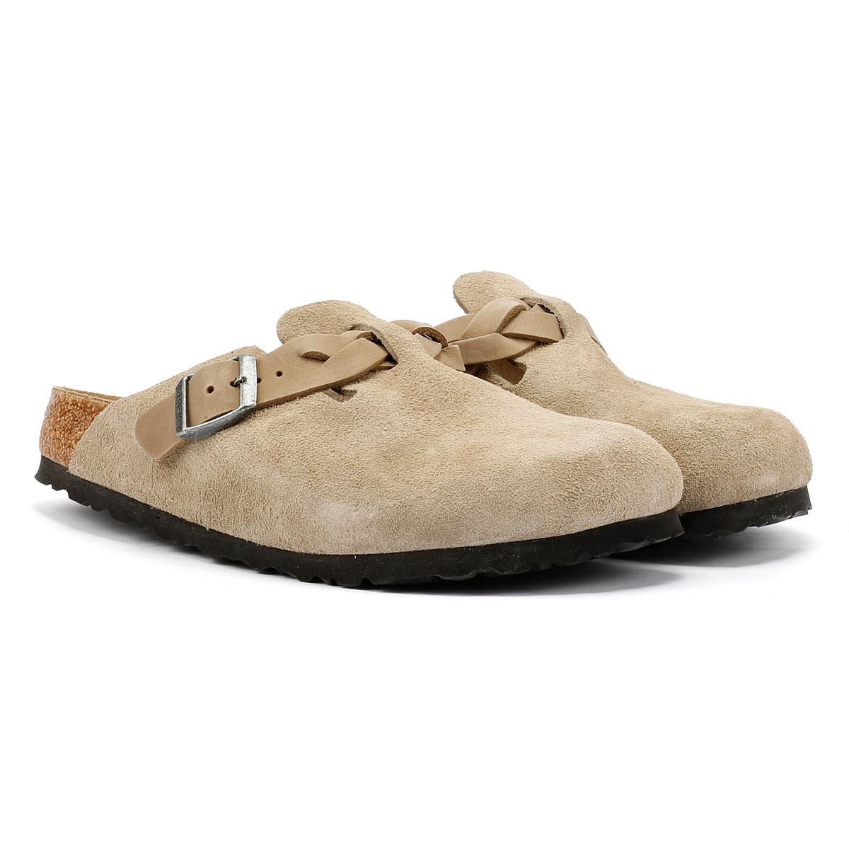 Birkenstock Boston Braided Sabots Beige Étroites Pour Femmes En Suède