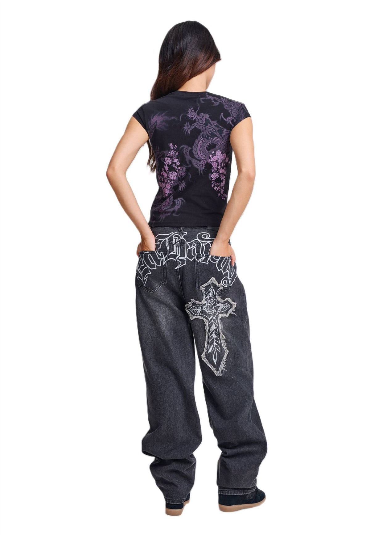Ed Hardy Tattoo City Cap Sleeve Top T-Shirts Noirs Pour Femmes