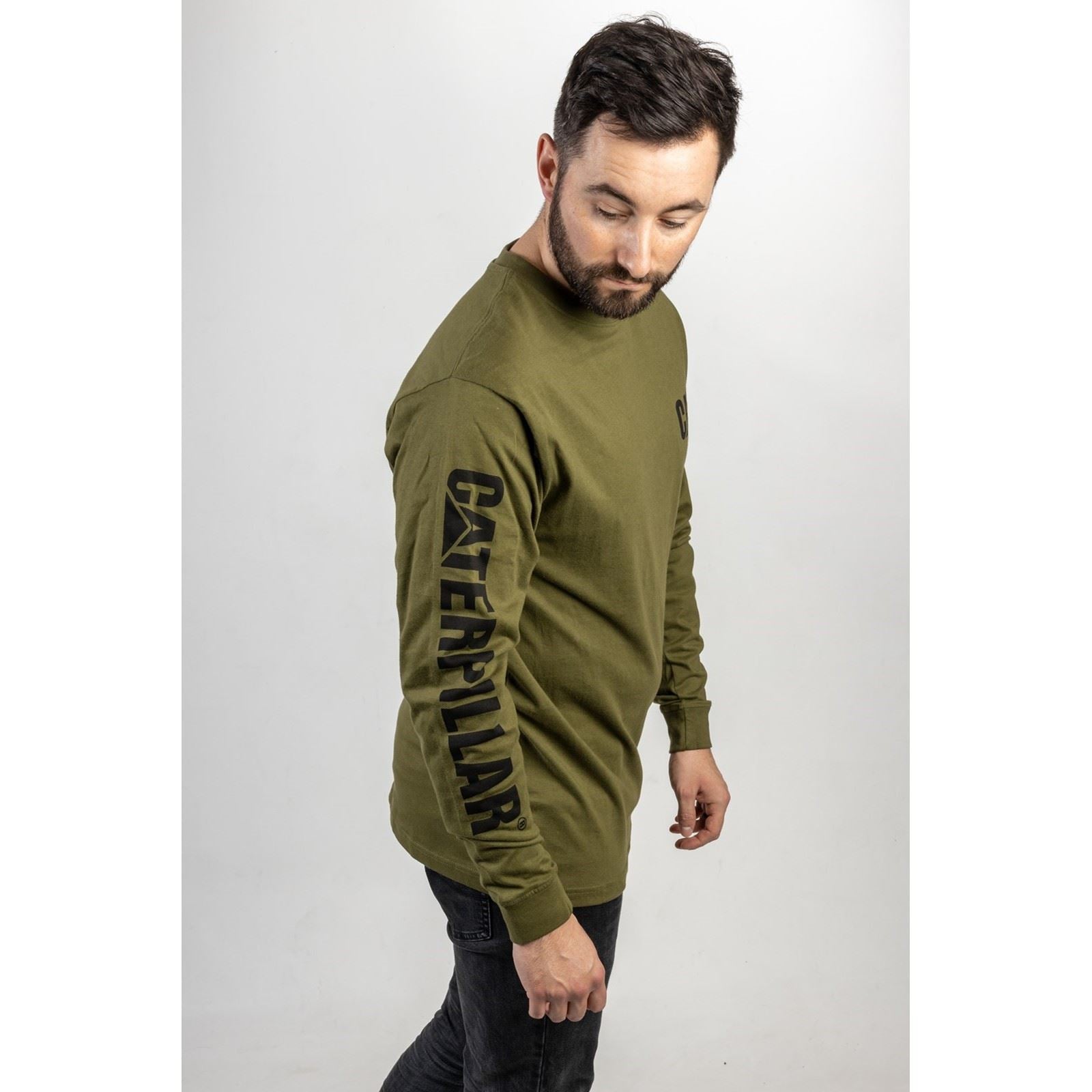 Caterpillar Trademark Banner Long Sleeve T-Shirt Vert En Coton Pour Homme