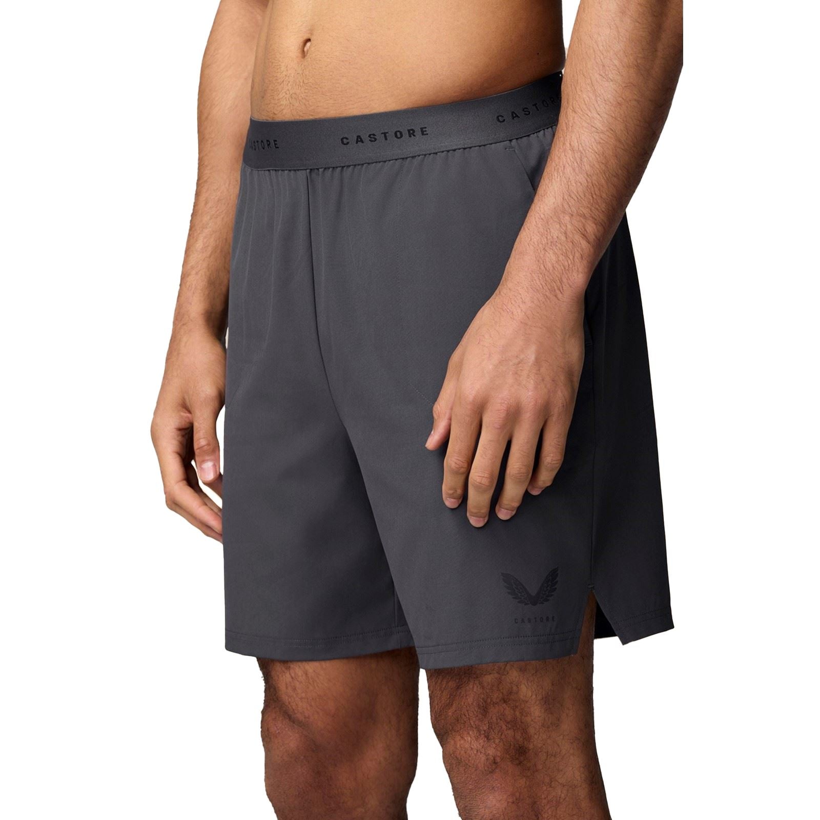 Castore Branded Elastic Shorts En Polyester Pour Hommes Gris Au Genou