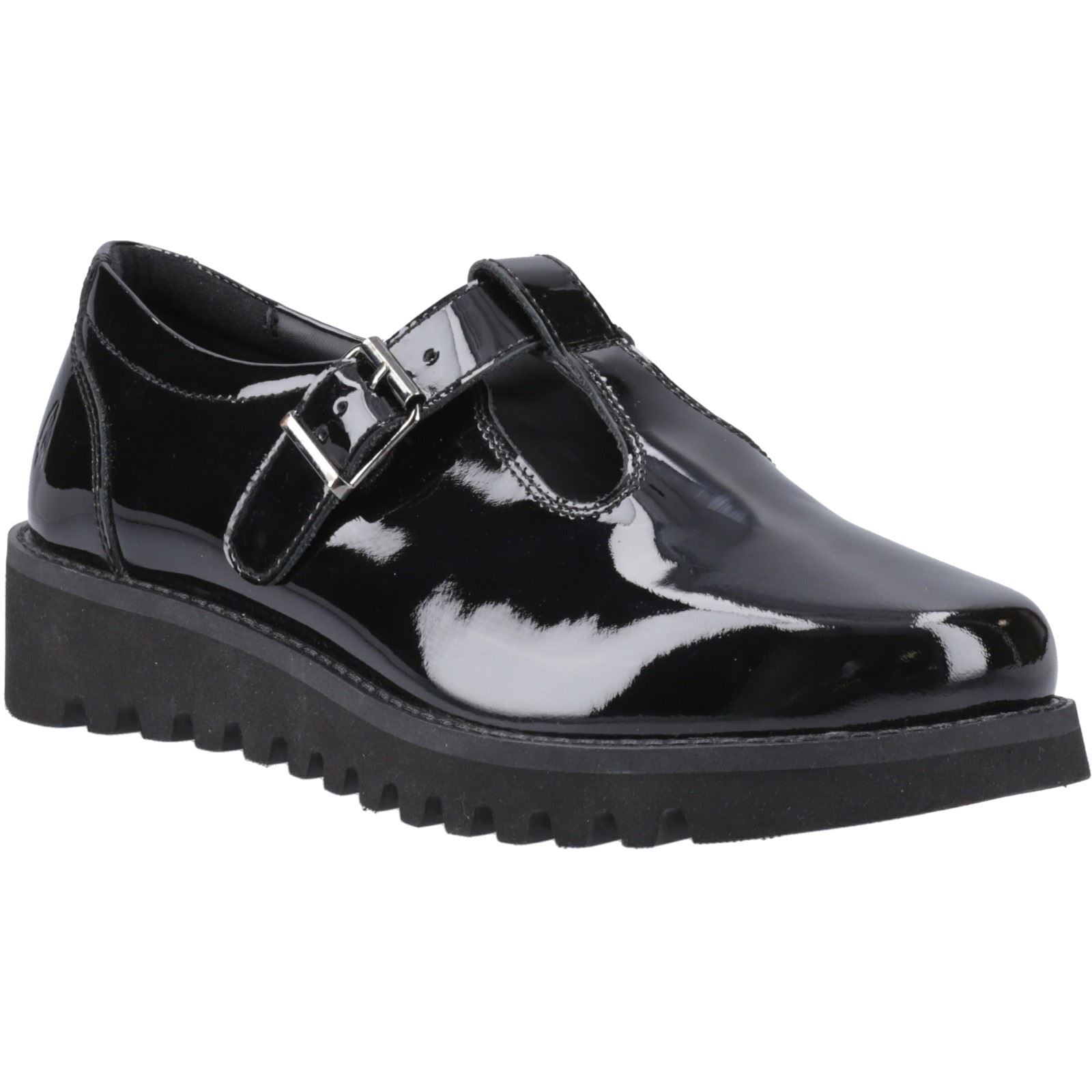 Hush Puppies Florrie T-Bar Chaussures Noires Pour Filles En Cuir